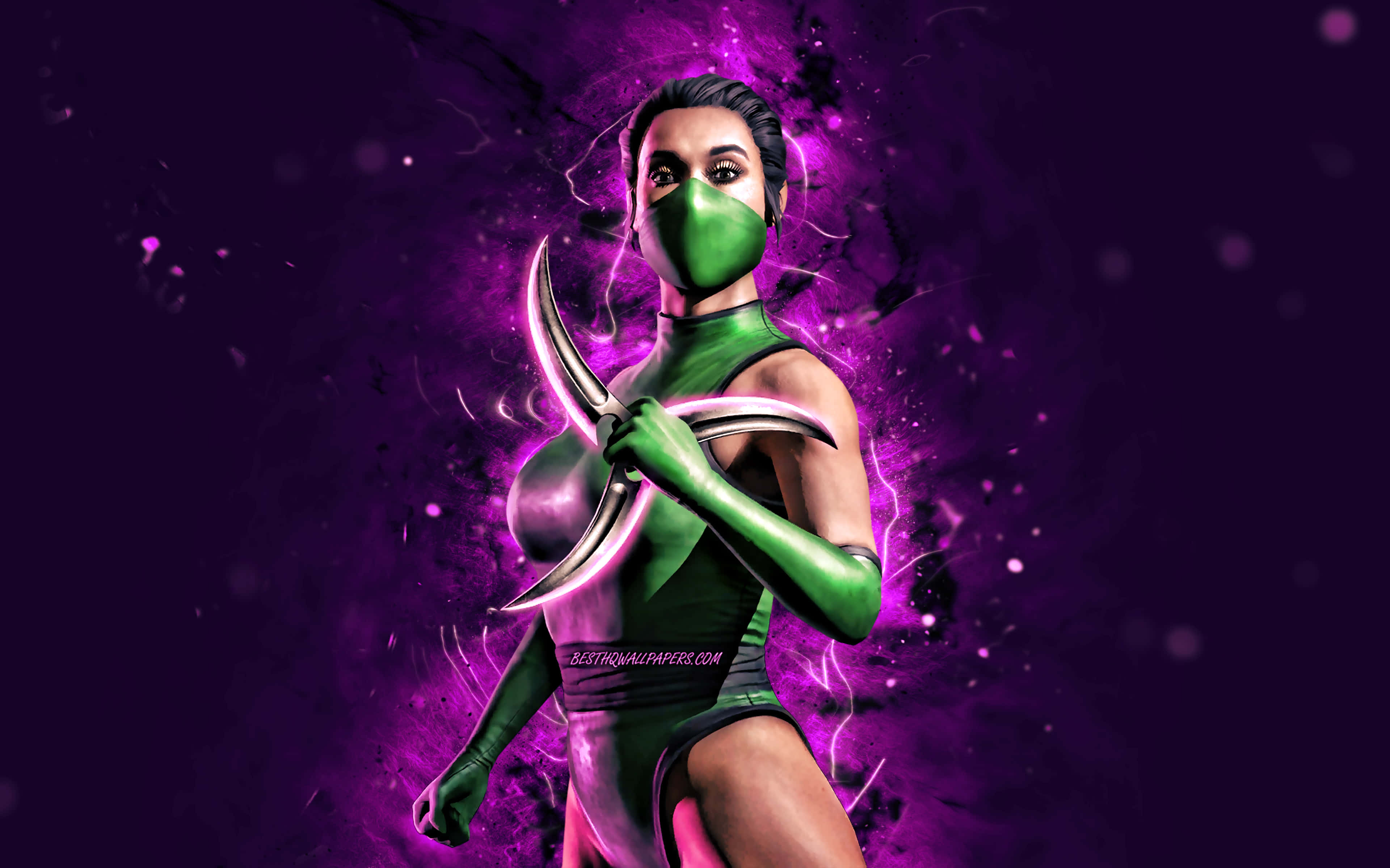 Mortal Kombat Jade, green-masked warrior, glowing green suit, 4K Desktop Wallpaper