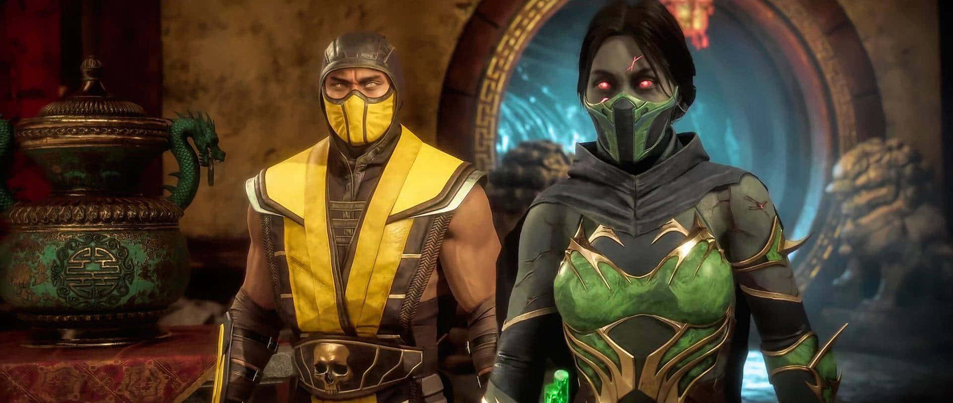 Mortal Kombat Jade, yellow and green armor, mystical temple, Full HD Desktop Wallpaper