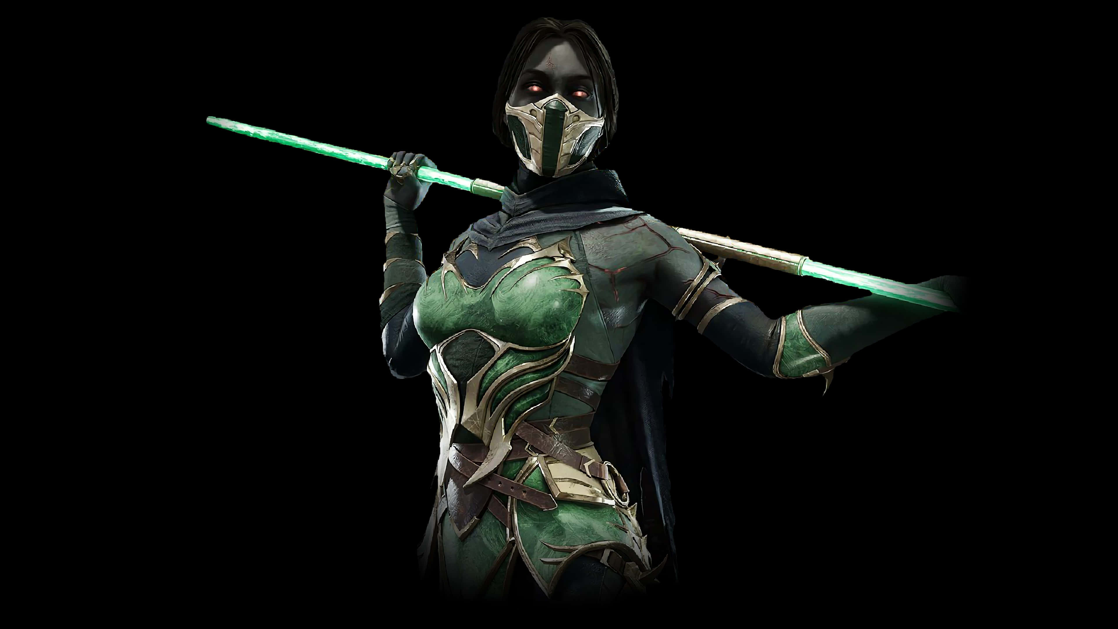Mortal Kombat Jade, green and gold armor, glowing green staff, 4K Desktop Wallpaper