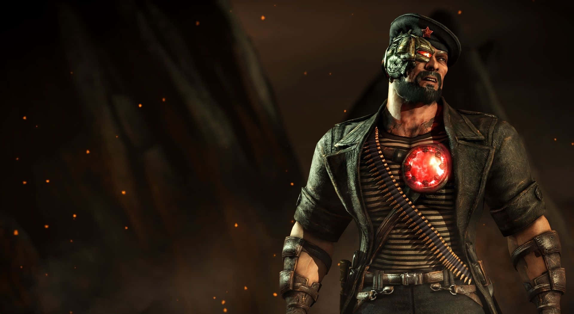 Mortal Kombat Kano, glowing red chest orb, star-adorned cap, Full HD Desktop Wallpaper