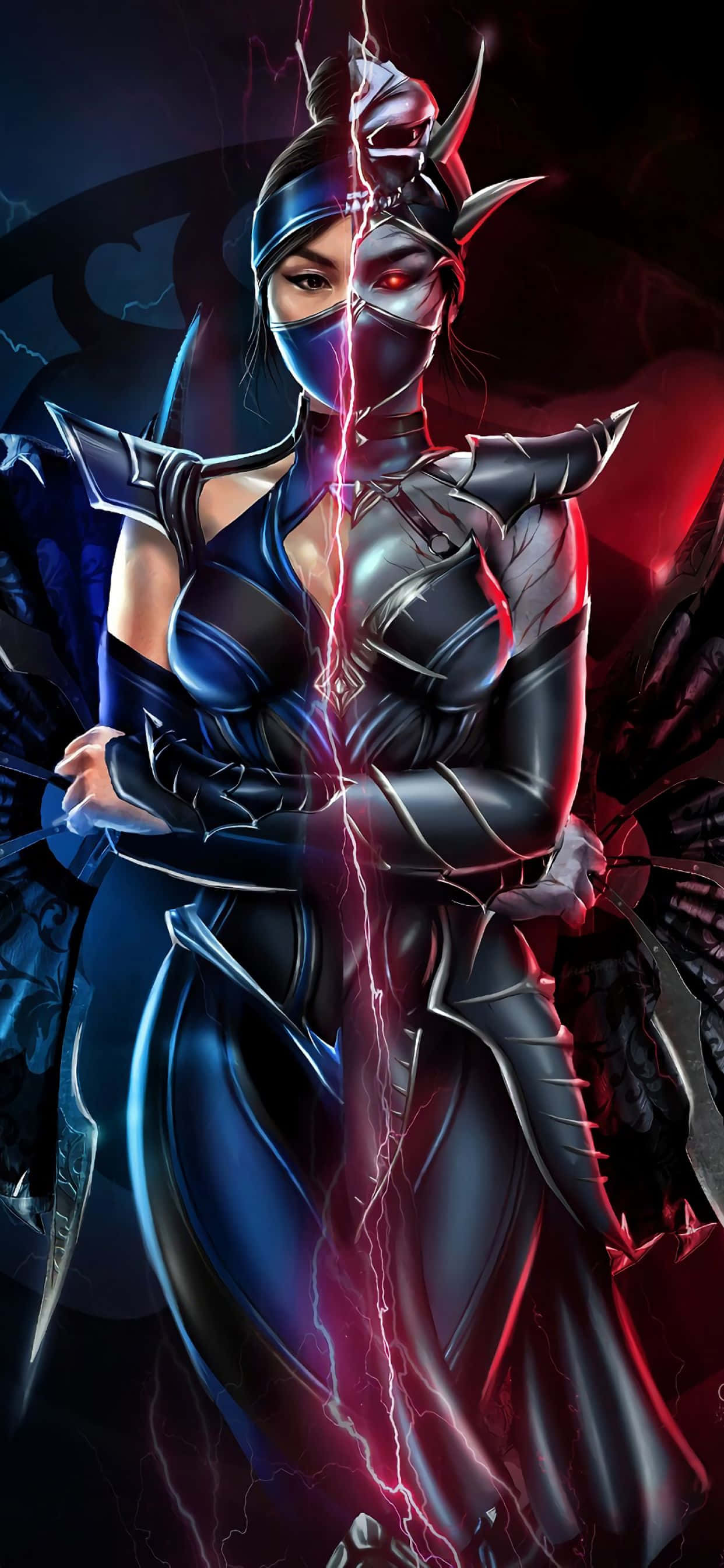 Mortal Kombat Kitana, glowing lightning bolt, blue half, 2K Phone Wallpaper