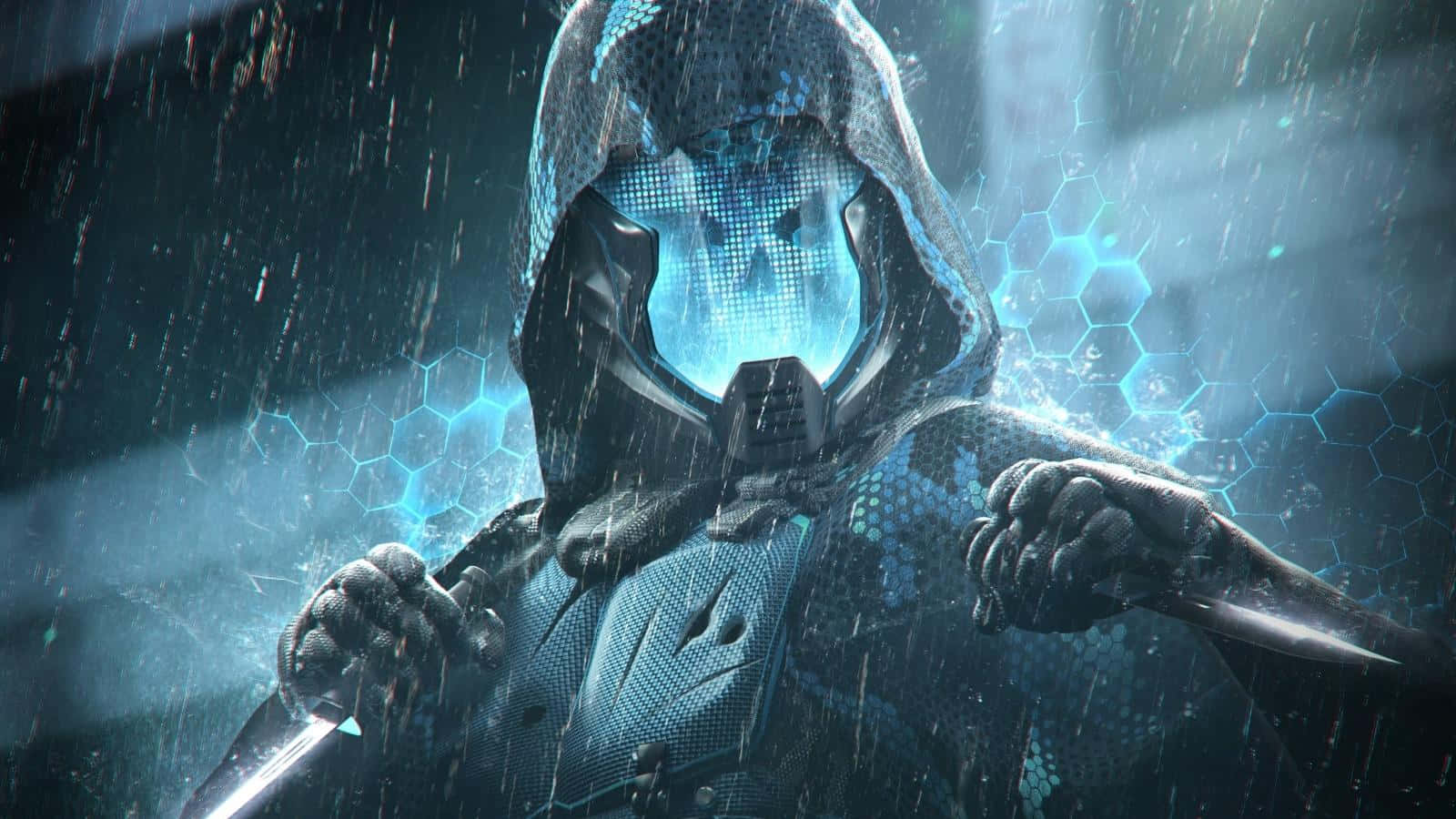 Mortal Kombat Legacy, hooded cybernetic warrior, glowing blue faceplate, HD Desktop Wallpaper