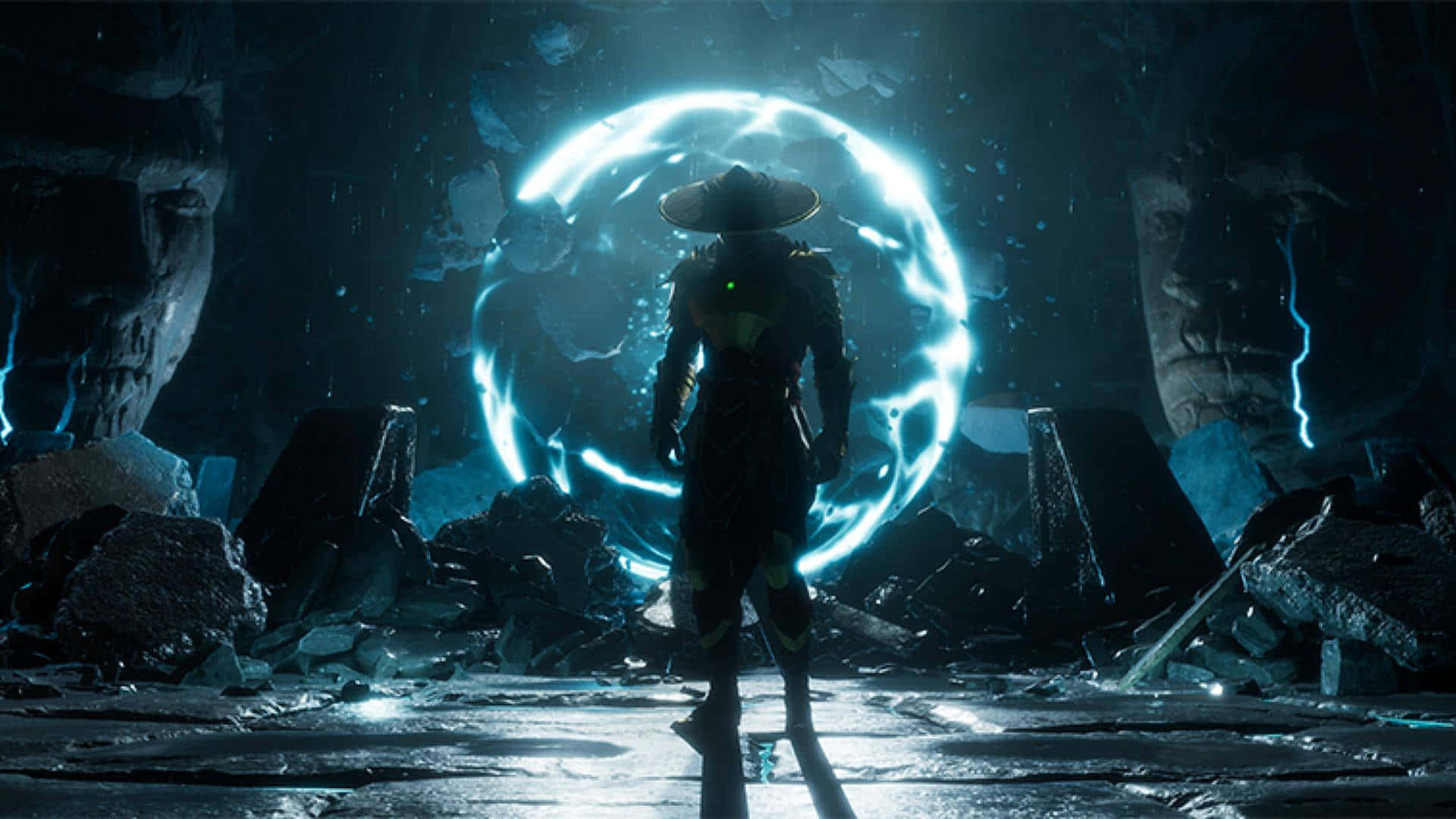 Mortal Kombat Legacy, glowing blue energy portal, dark ruin, Full HD Desktop Wallpaper