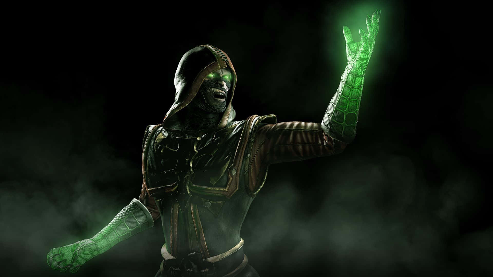 Mortal Kombat, hooded green-skinned villain, glowing eyes, Full HD Desktop Wallpaper