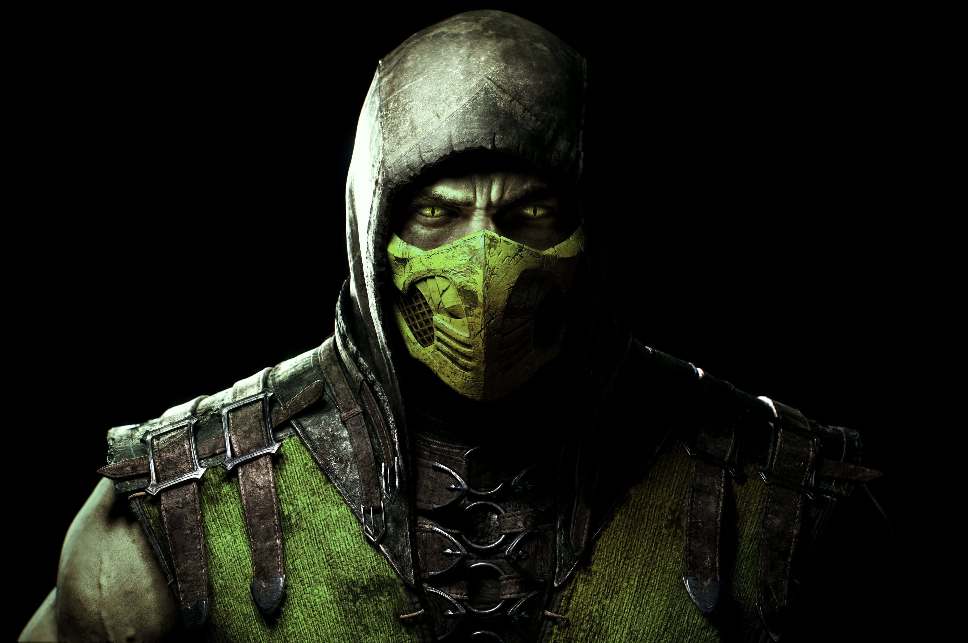Mortal Kombat Reptile, glowing green eyes, grimacing mask, 4K Desktop Wallpaper