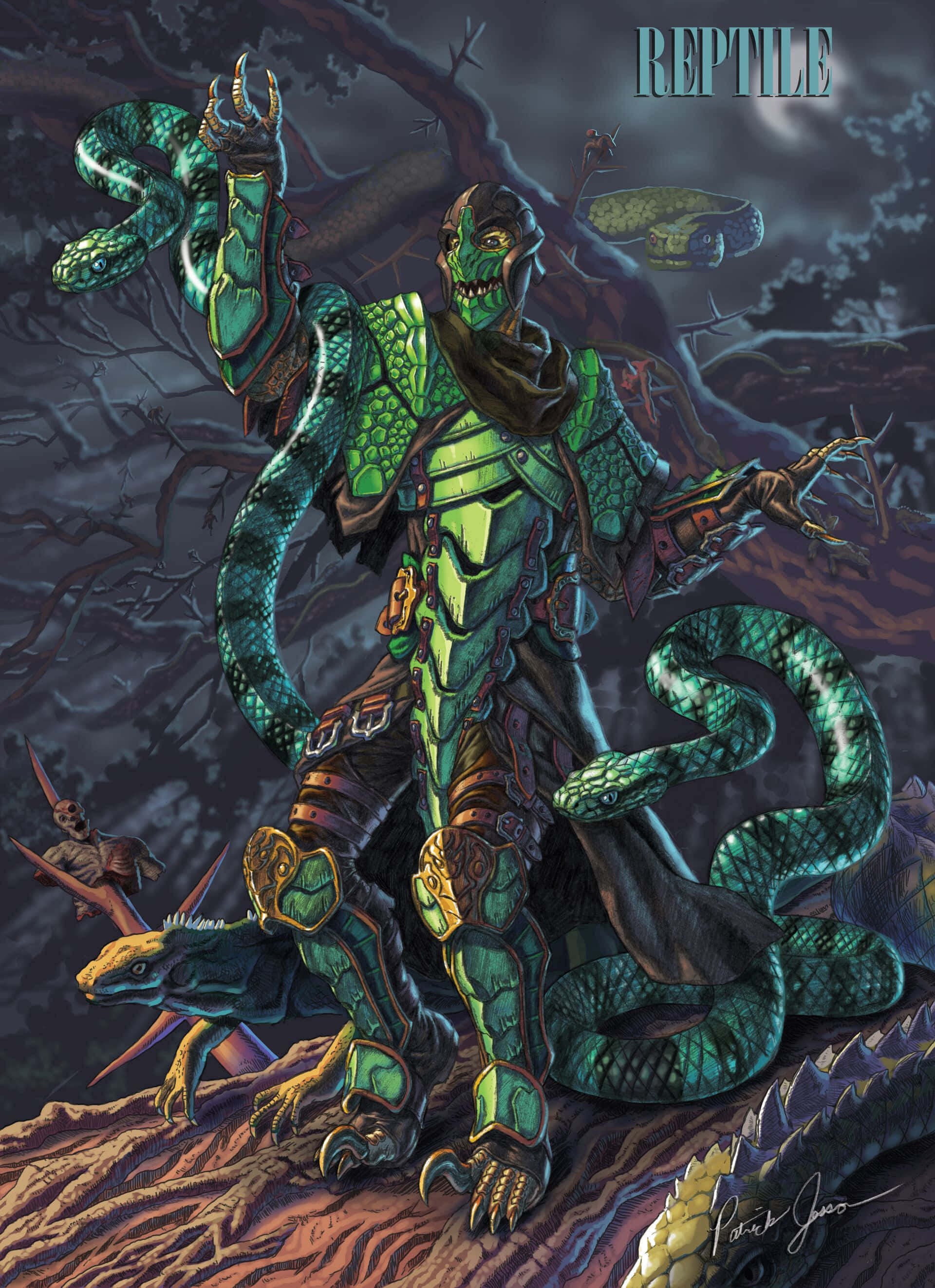 Mortal Kombat Reptile, green reptilian humanoid warrior, snakes coiled around its body, 2K Phone Wallpaper