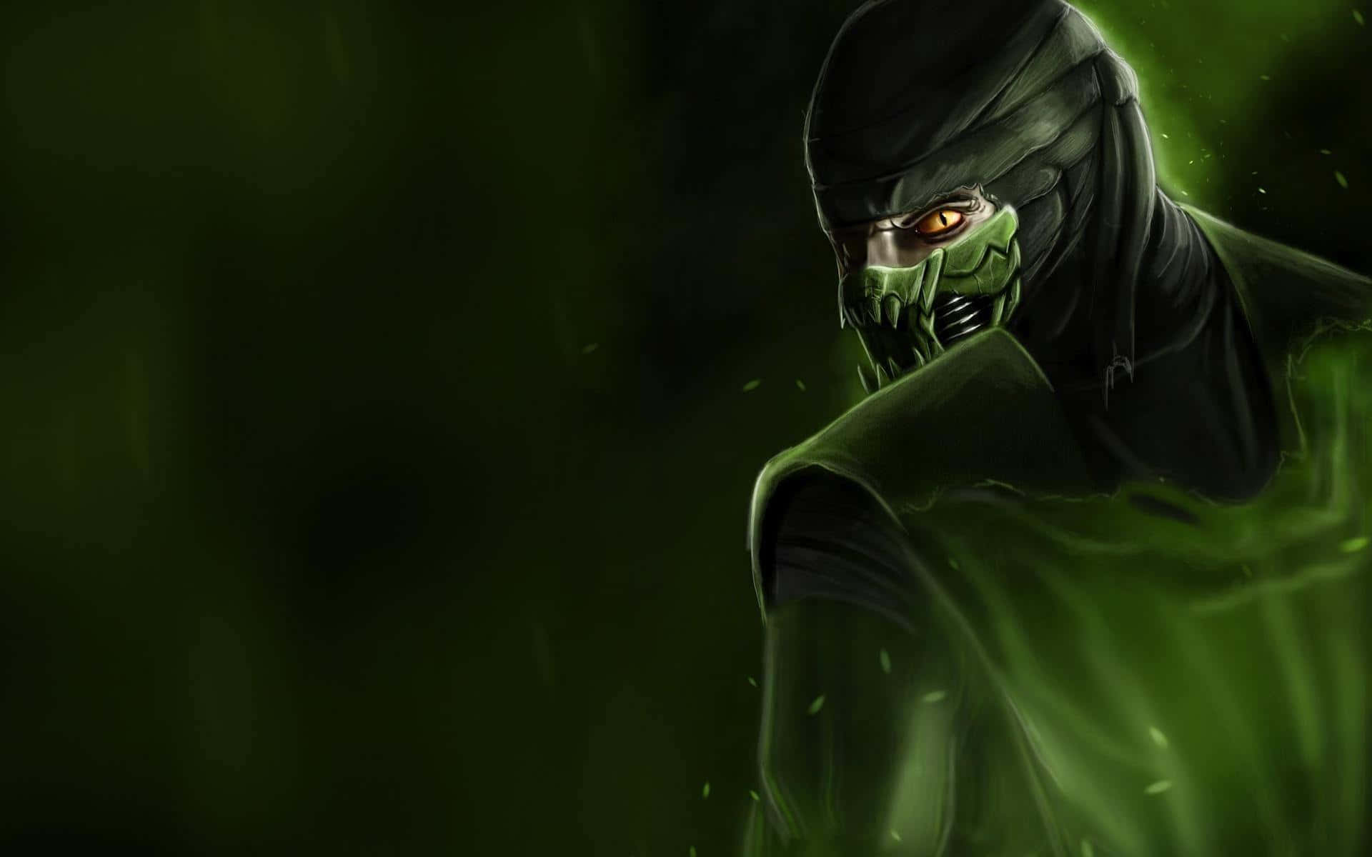Mortal Kombat Reptile, glowing orange eyes, green hooded cloak, Full HD Desktop Wallpaper