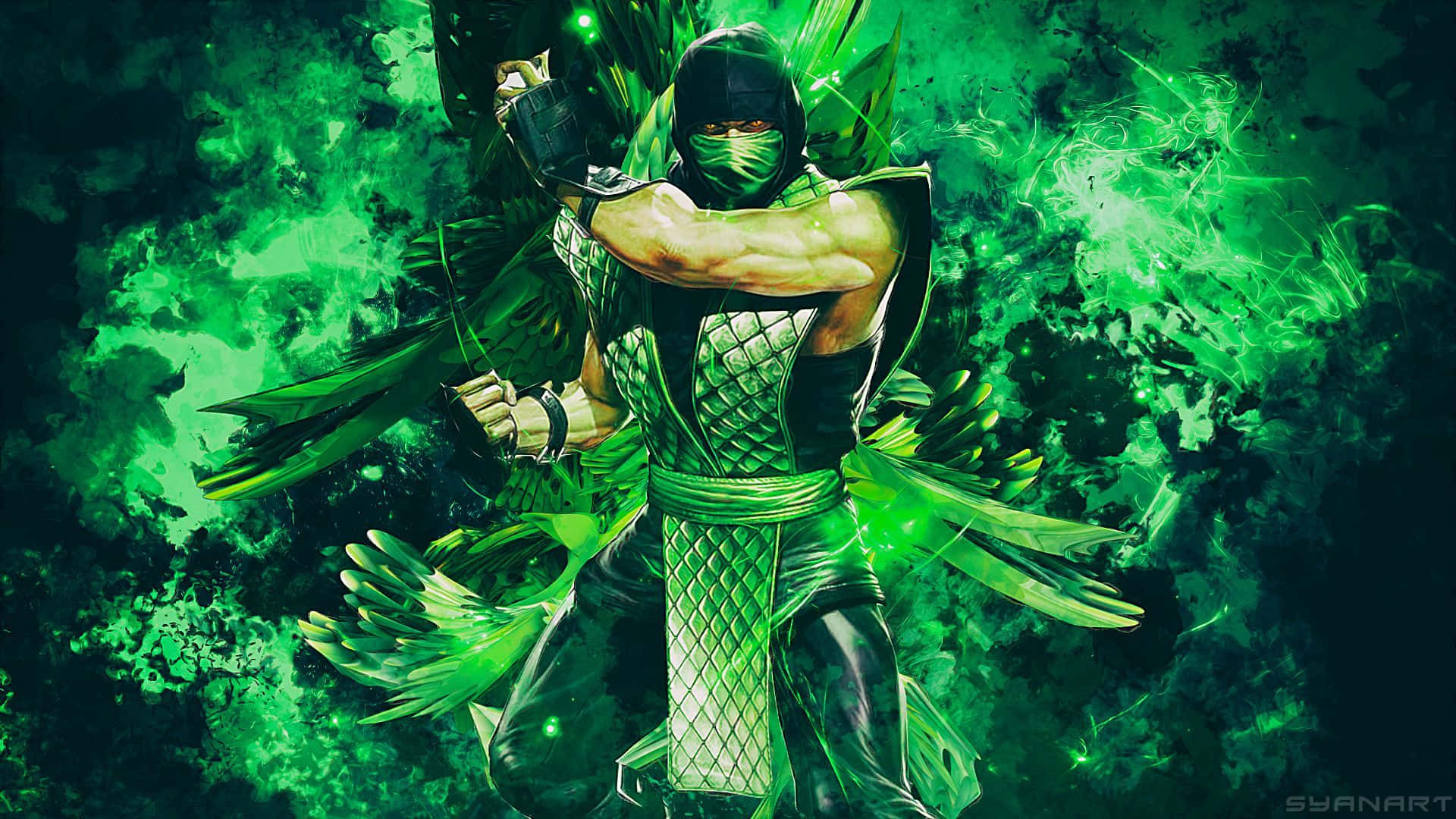 Mortal Kombat Reptile, green armor, glowing green energy, Full HD Desktop Wallpaper