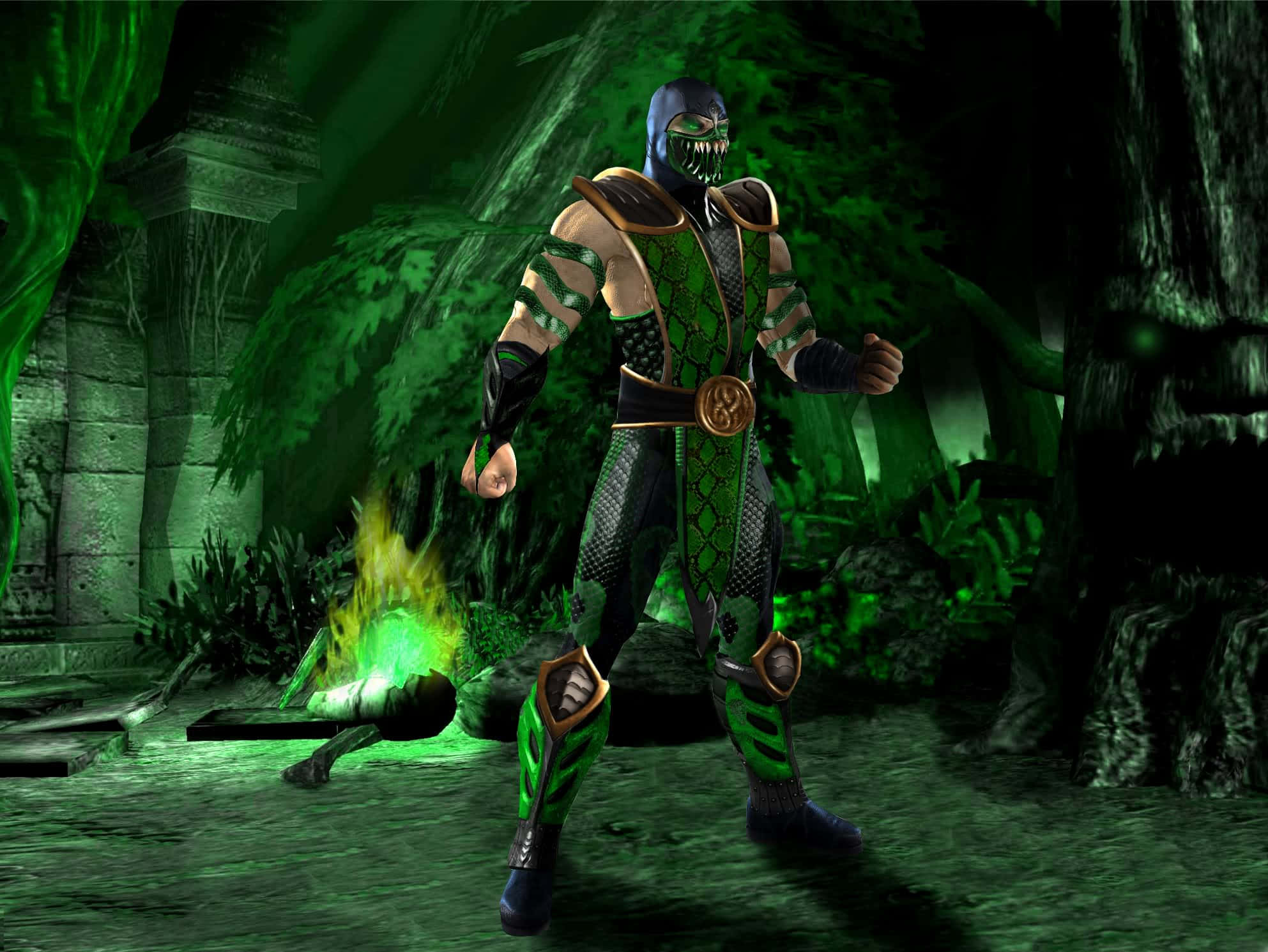 Mortal Kombat Reptile, green-clad ninja warrior, dark jungle temple, Full HD Desktop Wallpaper