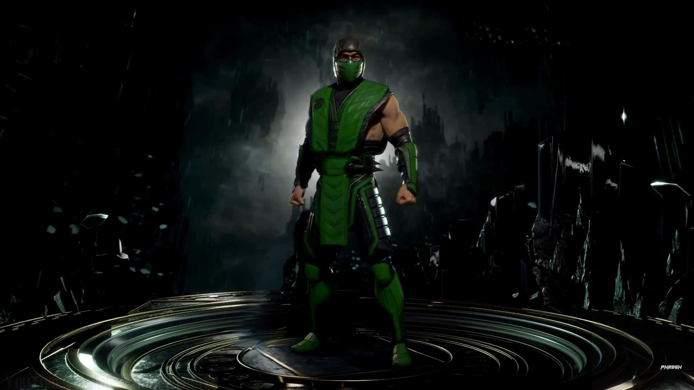 Mortal Kombat Reptile, green-clad ninja warrior, glowing circular platform, Full HD Desktop Wallpaper