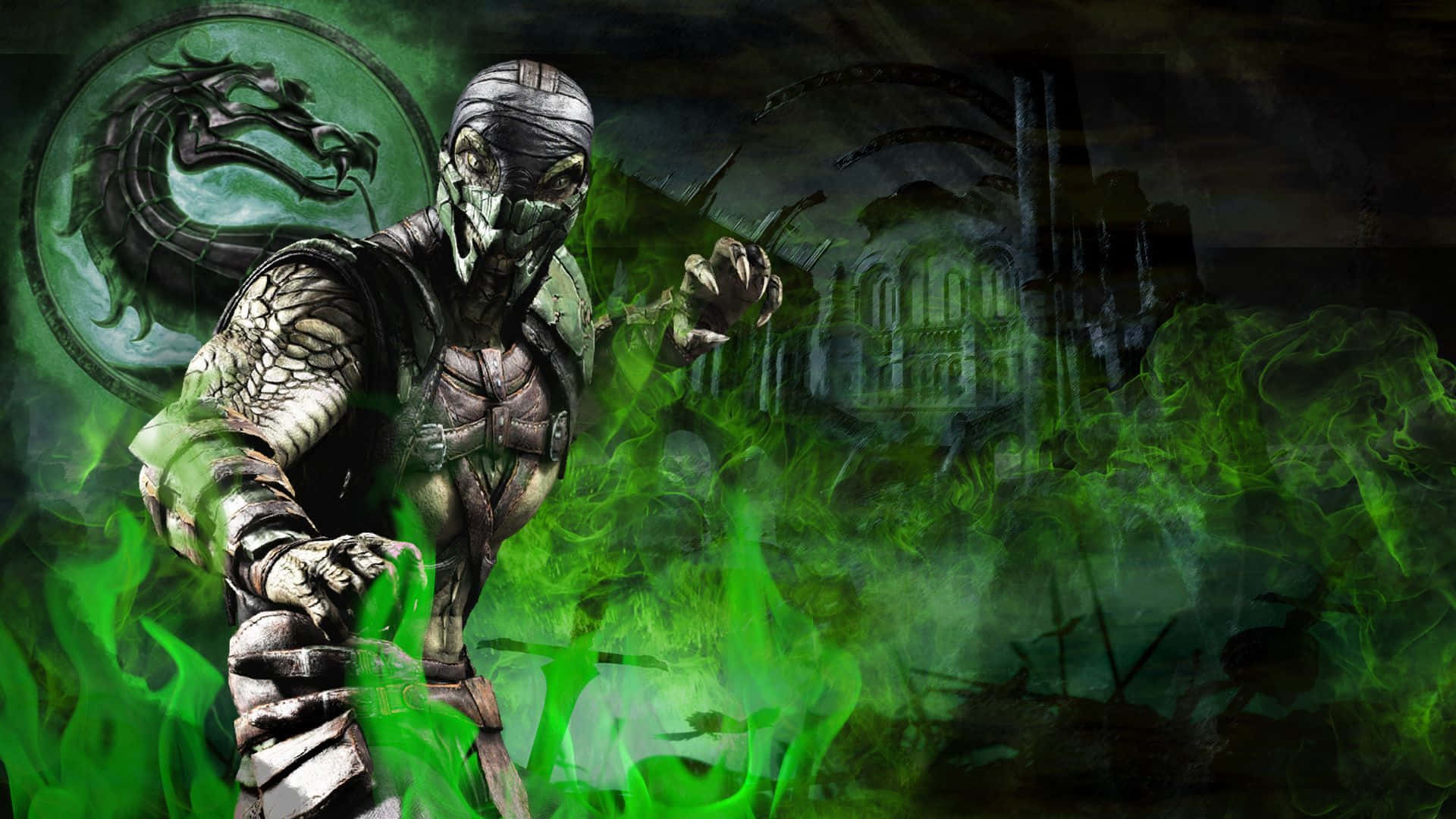 Mortal Kombat Reptile, green flames, dark armor, Full HD Desktop Wallpaper