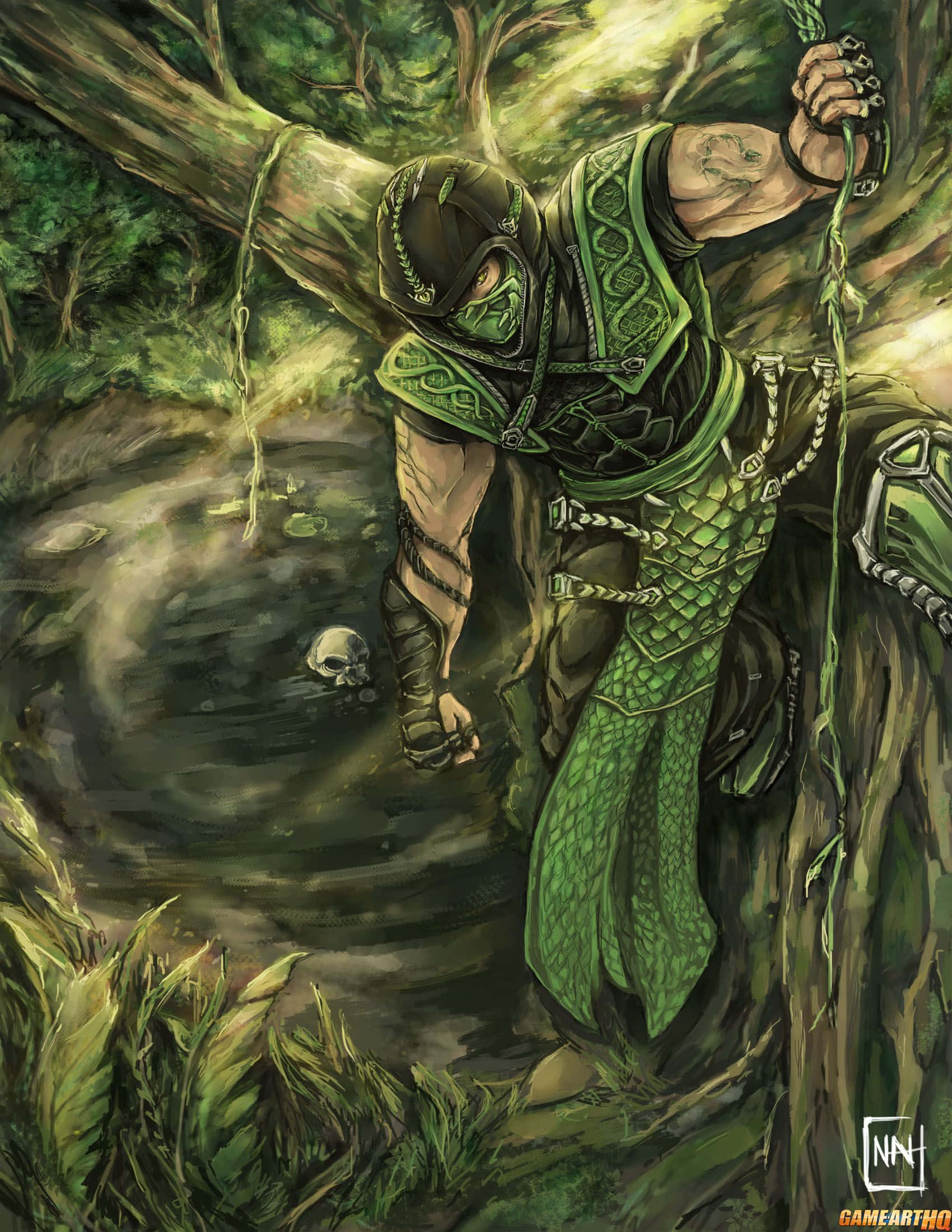 Mortal Kombat Reptile, green-armored ninja warrior, jungle, Full HD Phone Wallpaper