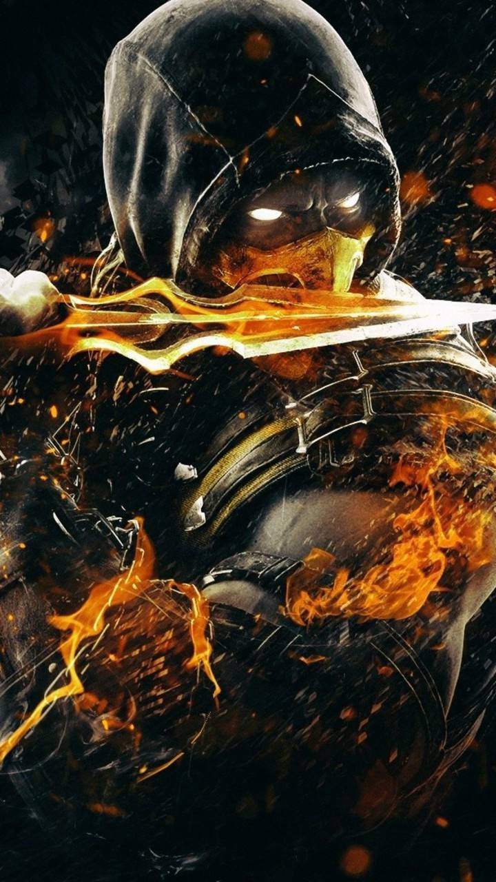 Scorpion, Mortal Kombat 11, flaming sword, HD Phone Wallpaper
