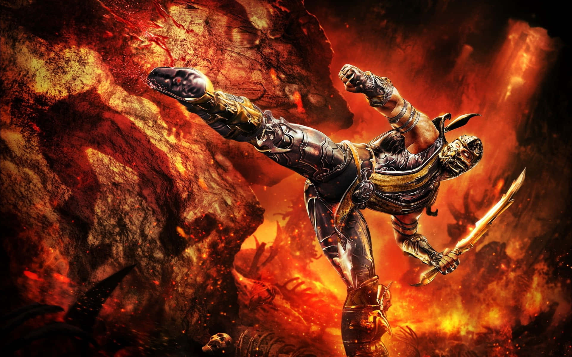 Mortal Kombat Scorpion, ornate armor, fiery volcanic landscape, Full HD Desktop Wallpaper