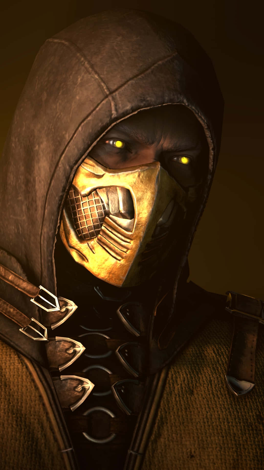 Mortal Kombat Scorpion, glowing yellow eyes, ornate golden mask, Full HD Phone Wallpaper
