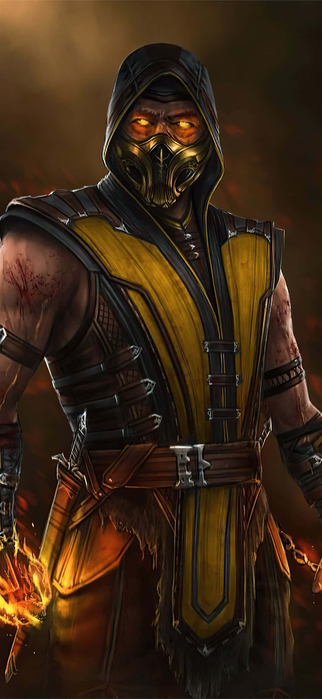 Mortal Kombat Scorpion, glowing orange eyes, fiery hand, Full HD Phone Wallpaper