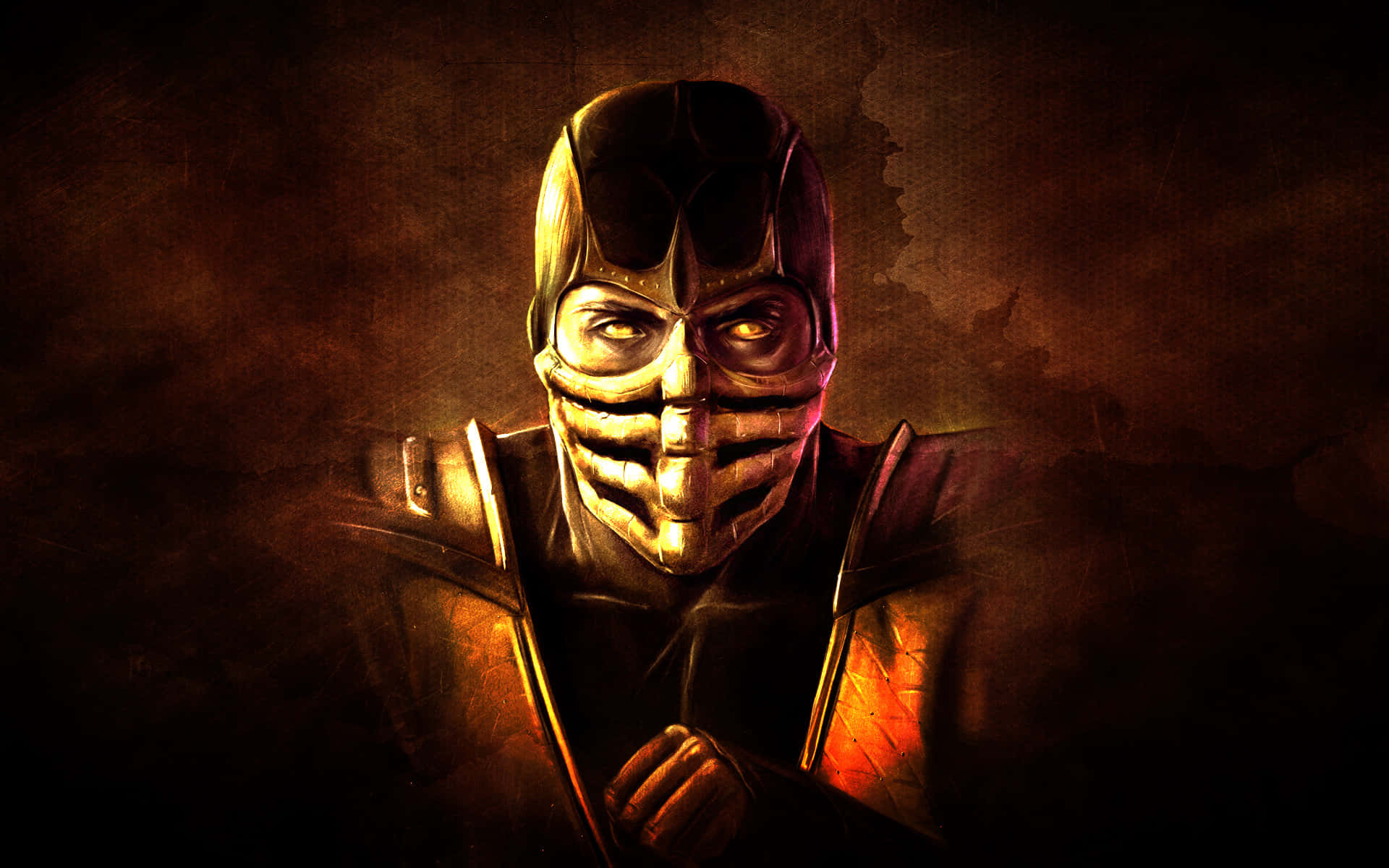 Mortal Kombat Scorpion, black and gold, glowing eyes, Full HD Desktop Wallpaper