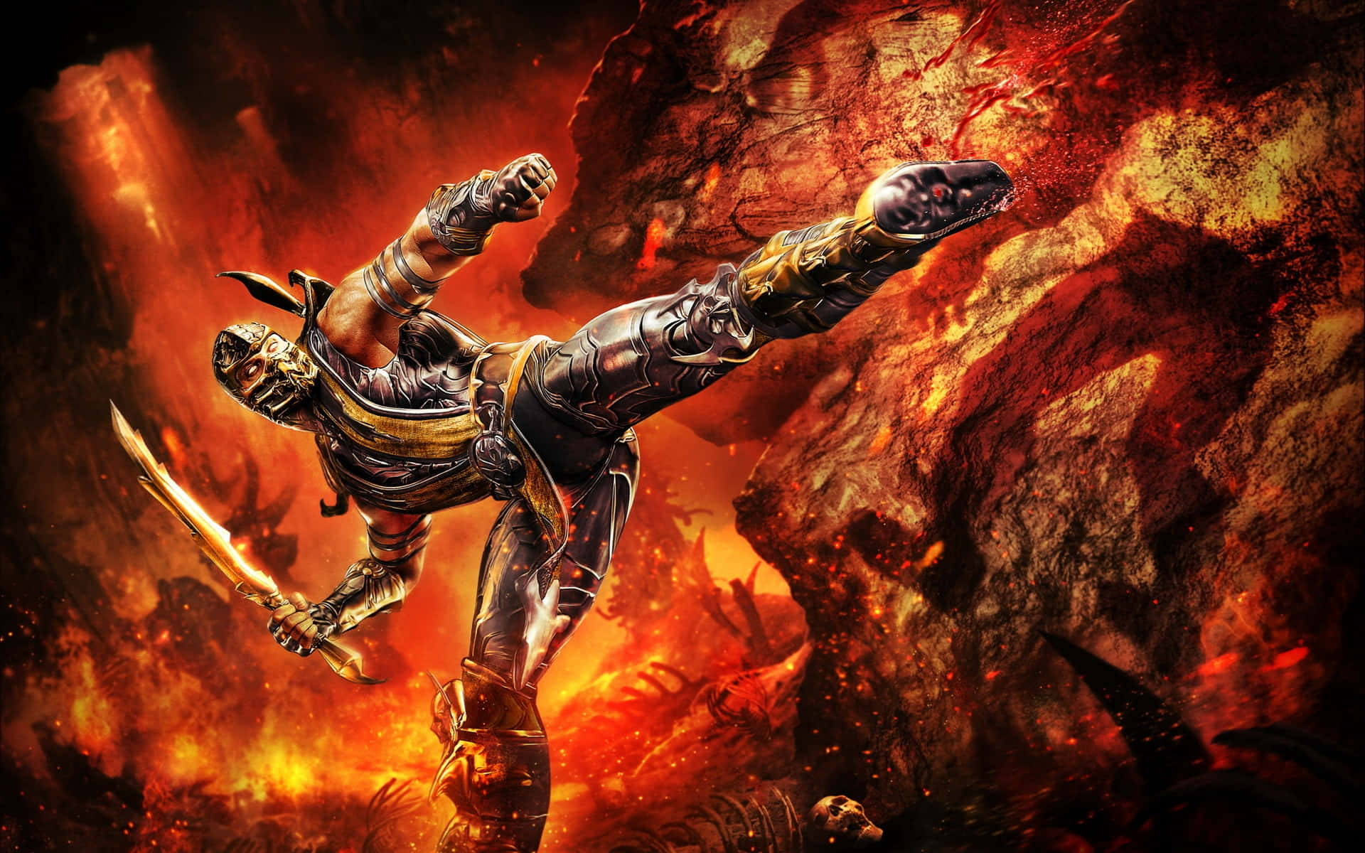 Mortal Kombat Scorpion, metallic armor, fiery explosions, Full HD Desktop Wallpaper