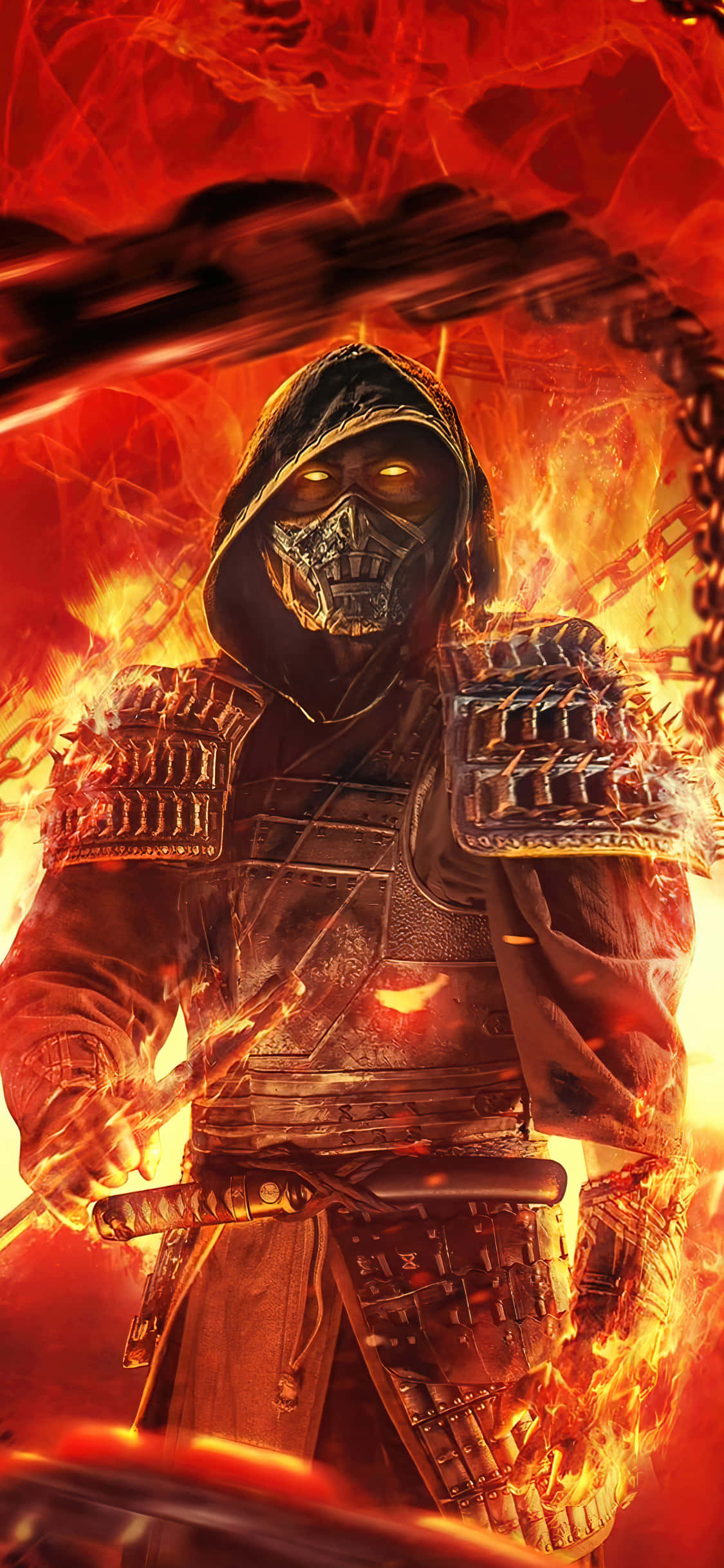 Mortal Kombat Scorpion, flaming chains, masked warrior, Full HD Phone Wallpaper