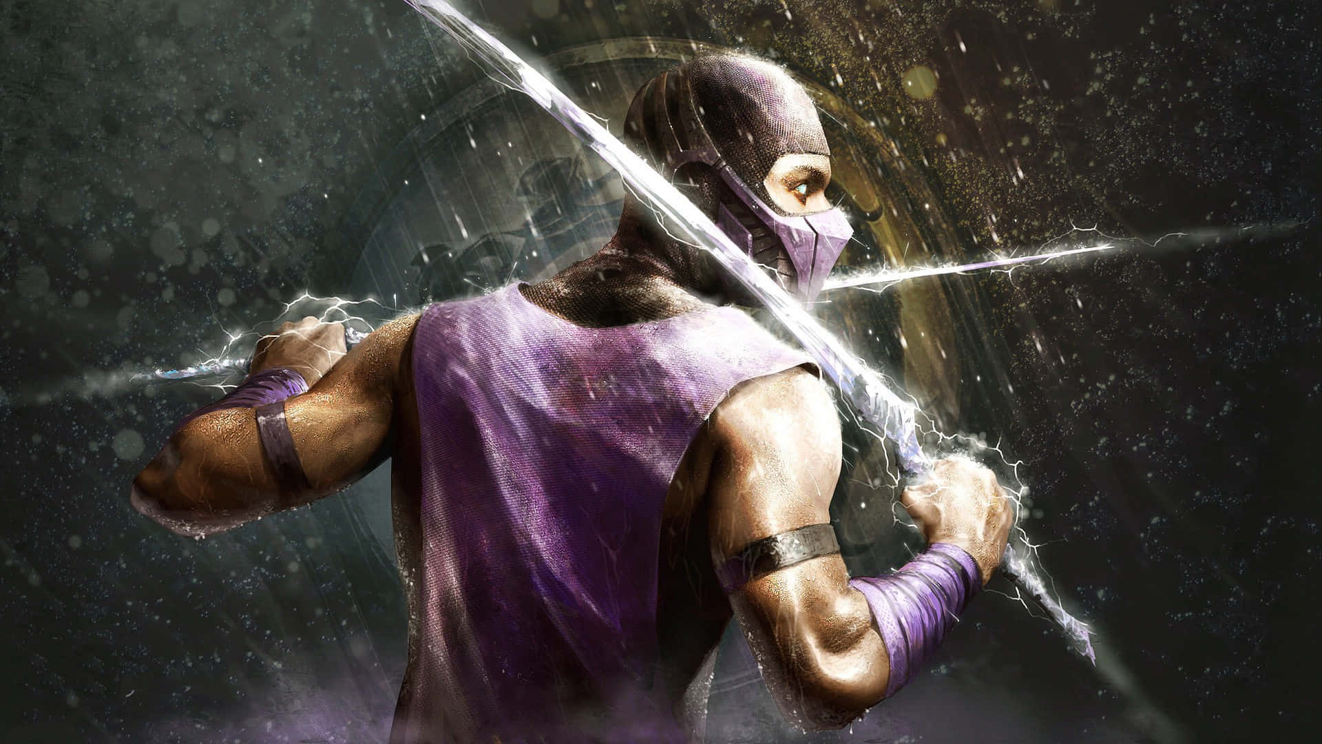 Mortal Kombat Scorpion, purple armor, glowing sword, Full HD Desktop Wallpaper