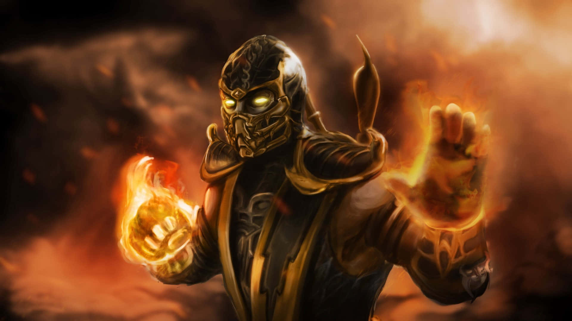 Mortal Kombat Scorpion, golden armor, fiery energy, Full HD Desktop Wallpaper