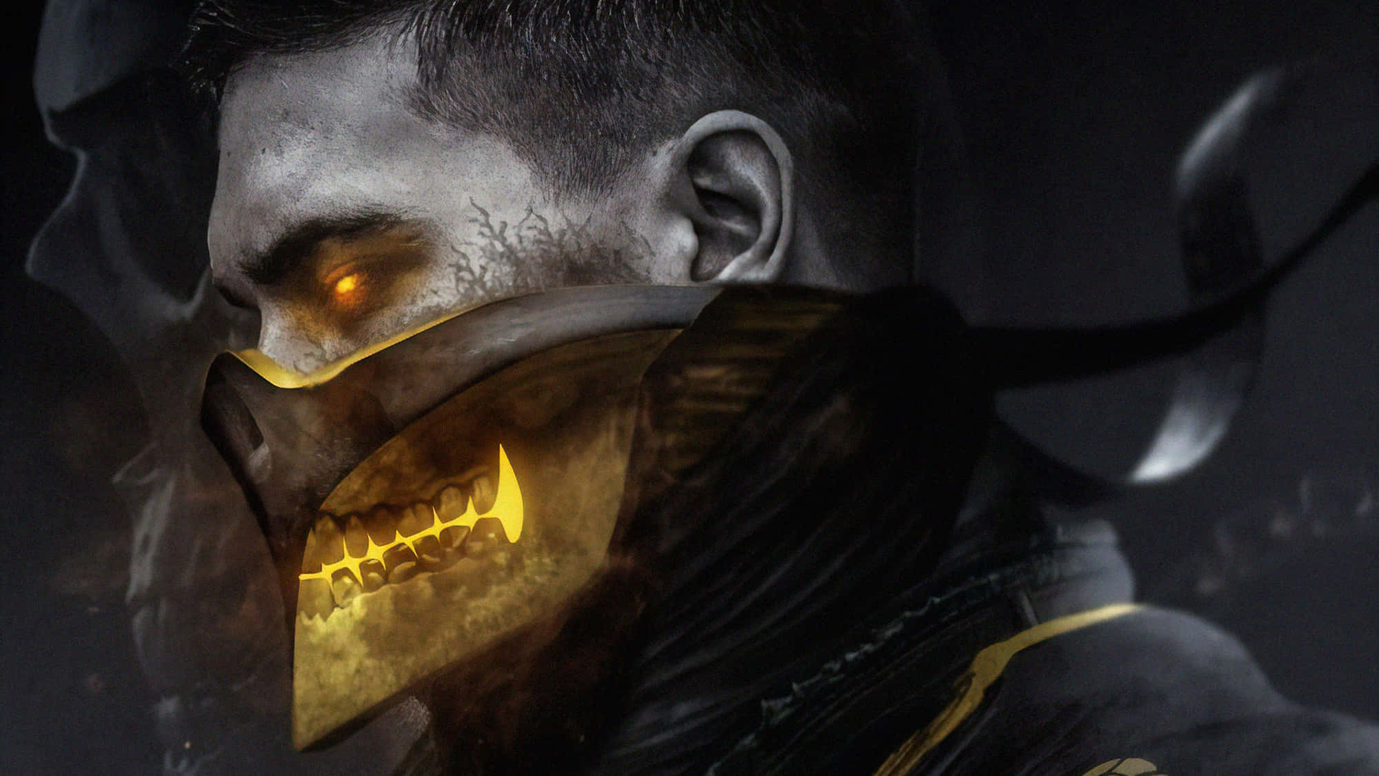 Mortal Kombat Scorpion, glowing orange eyes, skull-like mask, Full HD Desktop Wallpaper