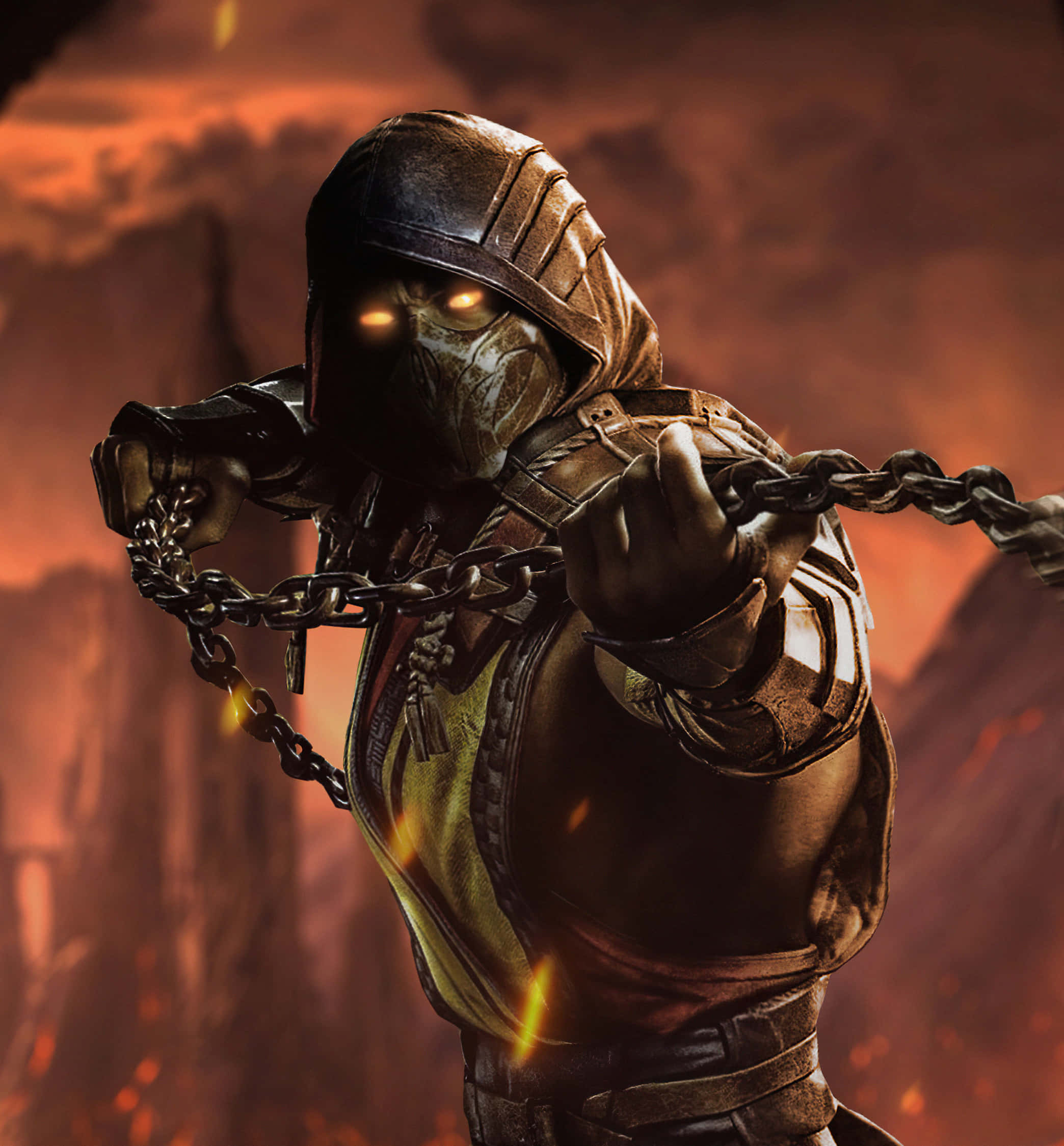 Mortal Kombat Scorpion, hooded warrior, glowing orange eyes, Full HD Phone Wallpaper