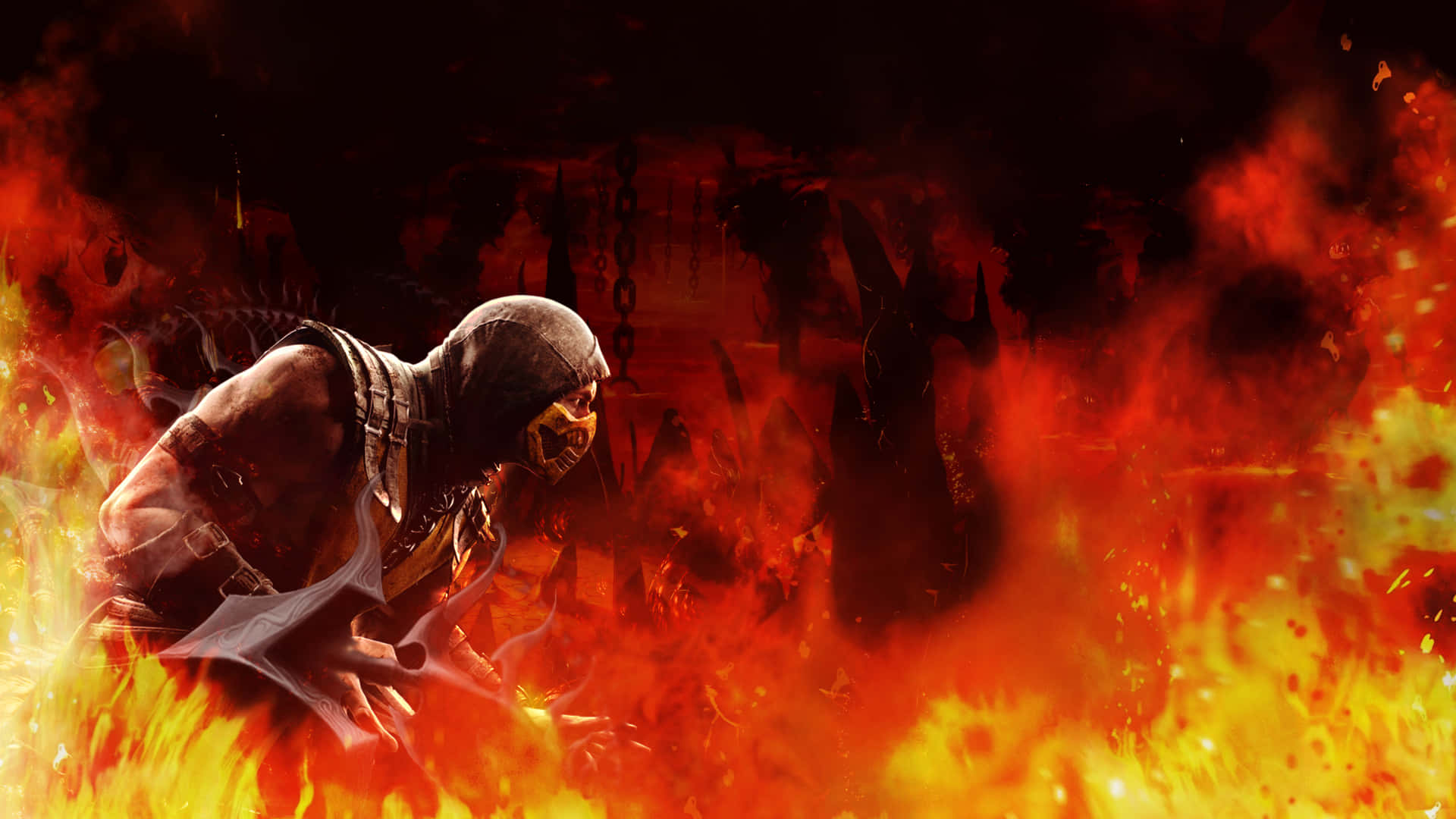 Mortal Kombat Scorpion, masked warrior, roaring flames, Full HD Desktop Wallpaper