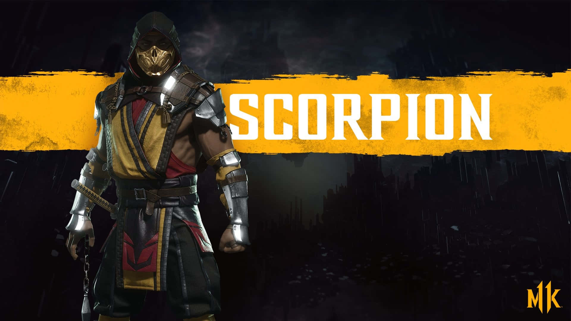 Mortal Kombat Scorpion, golden mask, armor, Full HD Desktop Wallpaper