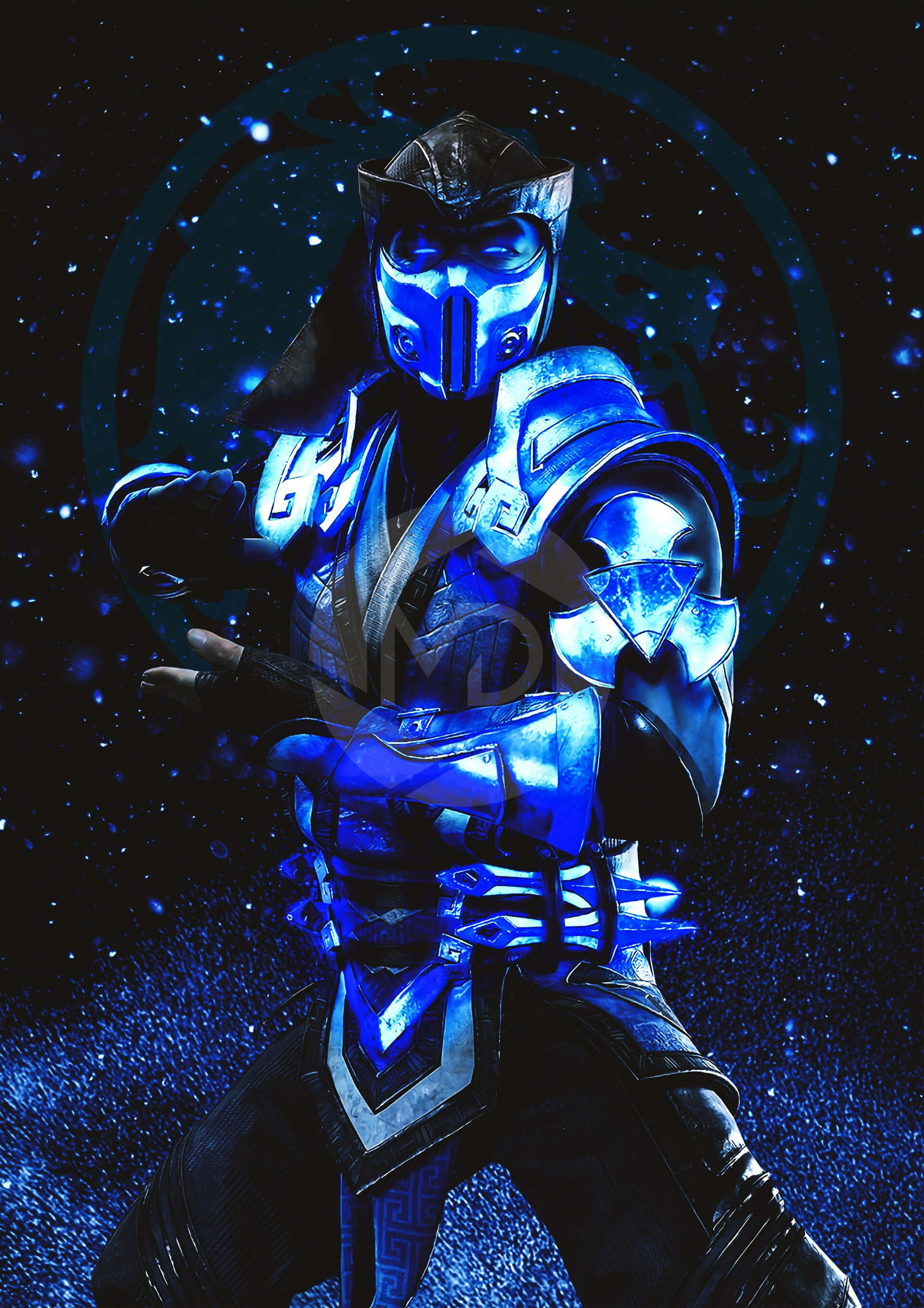 Mortal Kombat Sub-zero, blue-lit armored warrior, fighting stance, 2K Phone Wallpaper