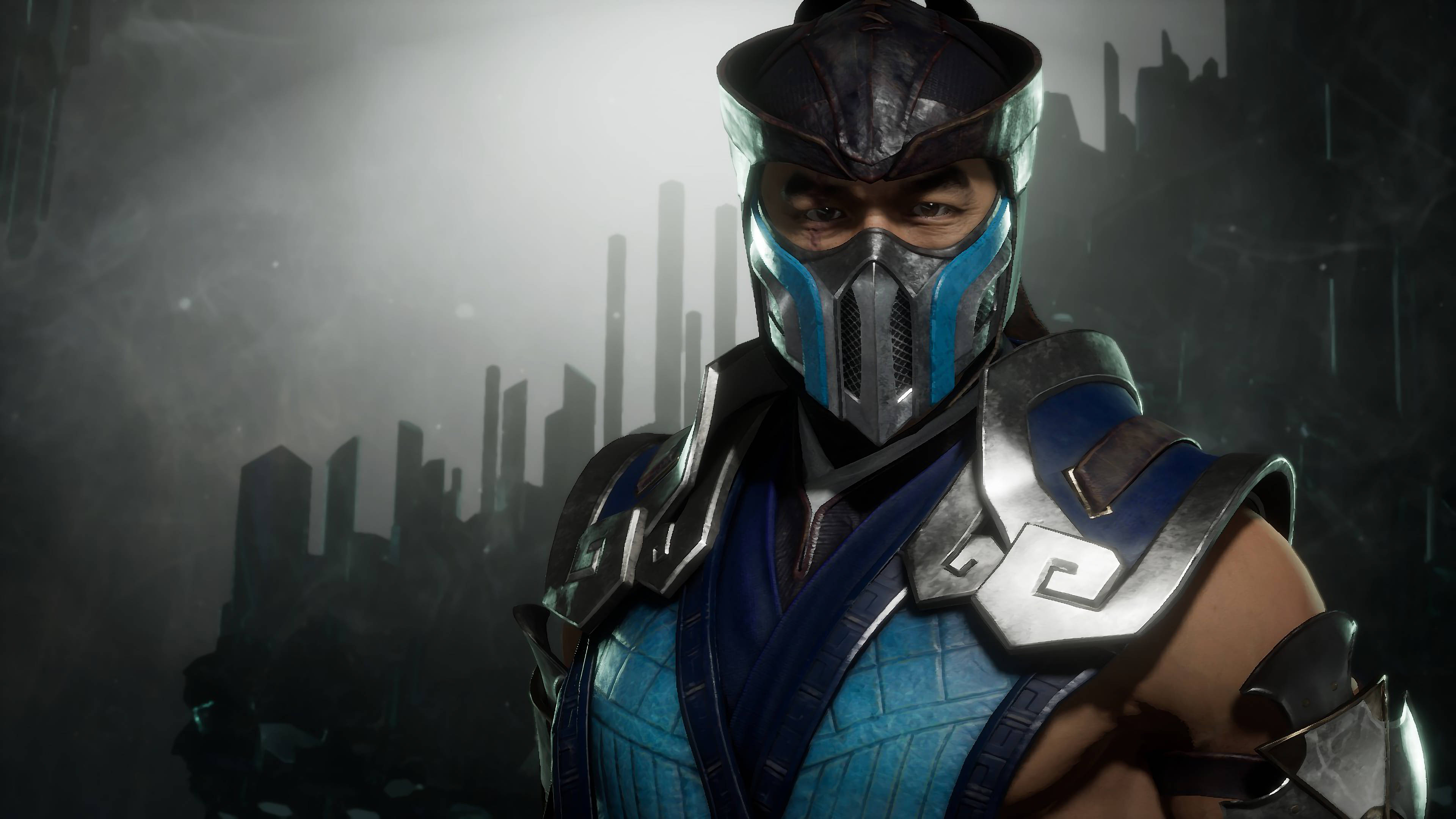 Mortal Kombat Sub-zero, blue and silver armor, misty futuristic city skyline, 4K Desktop Wallpaper