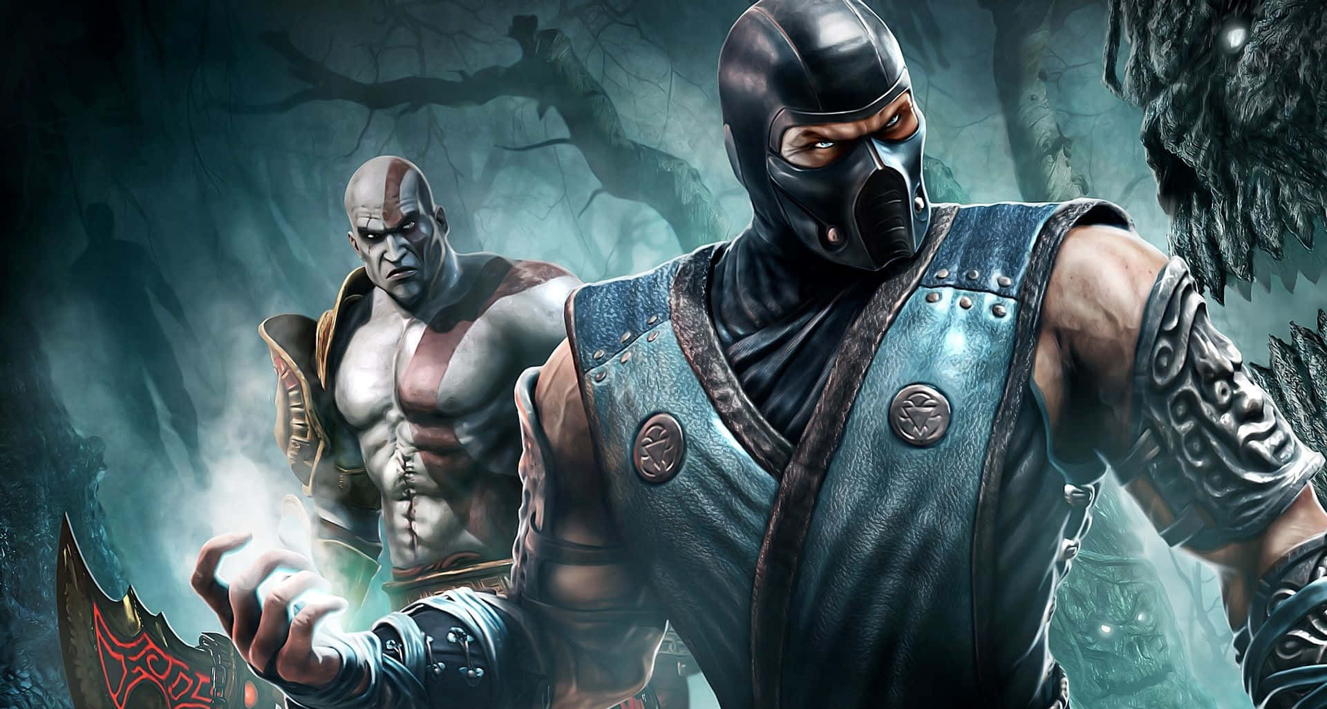 Mortal Kombat Sub-zero, dark armor, misty forest, Full HD Desktop Wallpaper