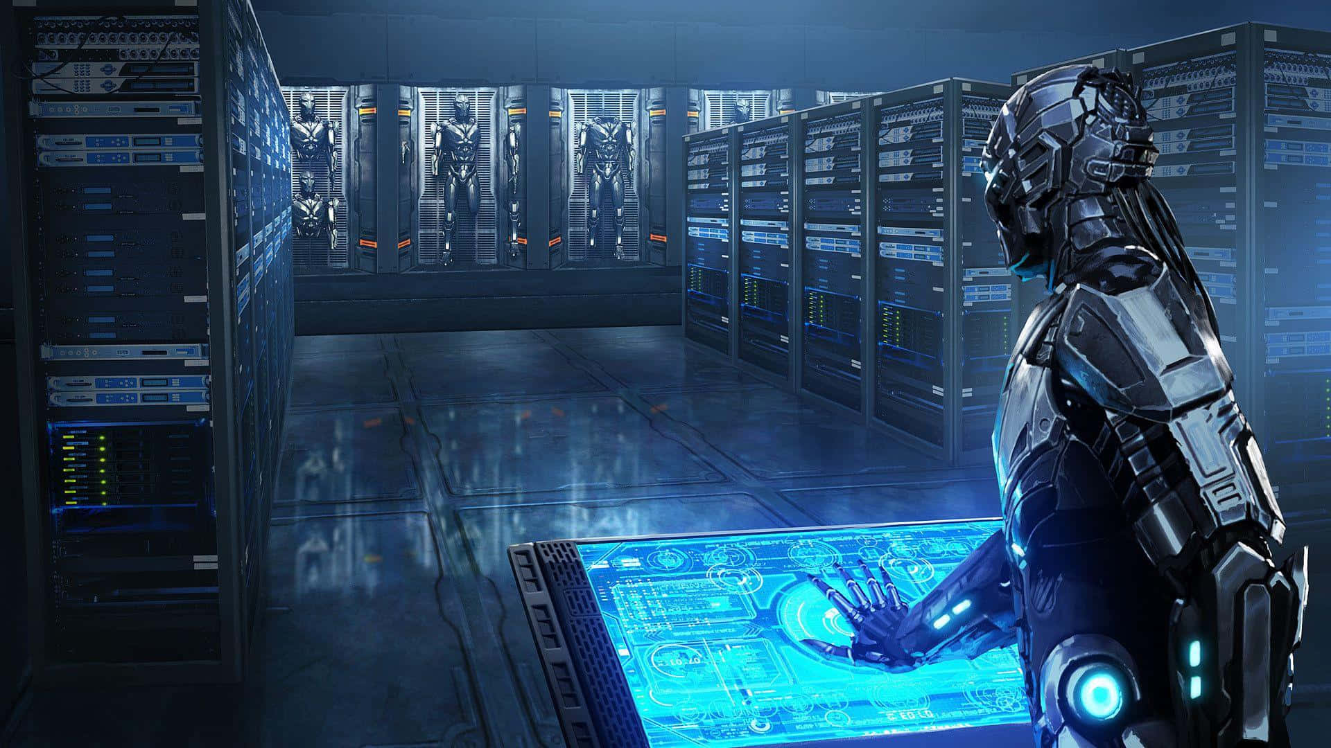 Mortal Kombat Triborg, sleek armor, glowing blue holographic interface, Full HD Desktop Wallpaper