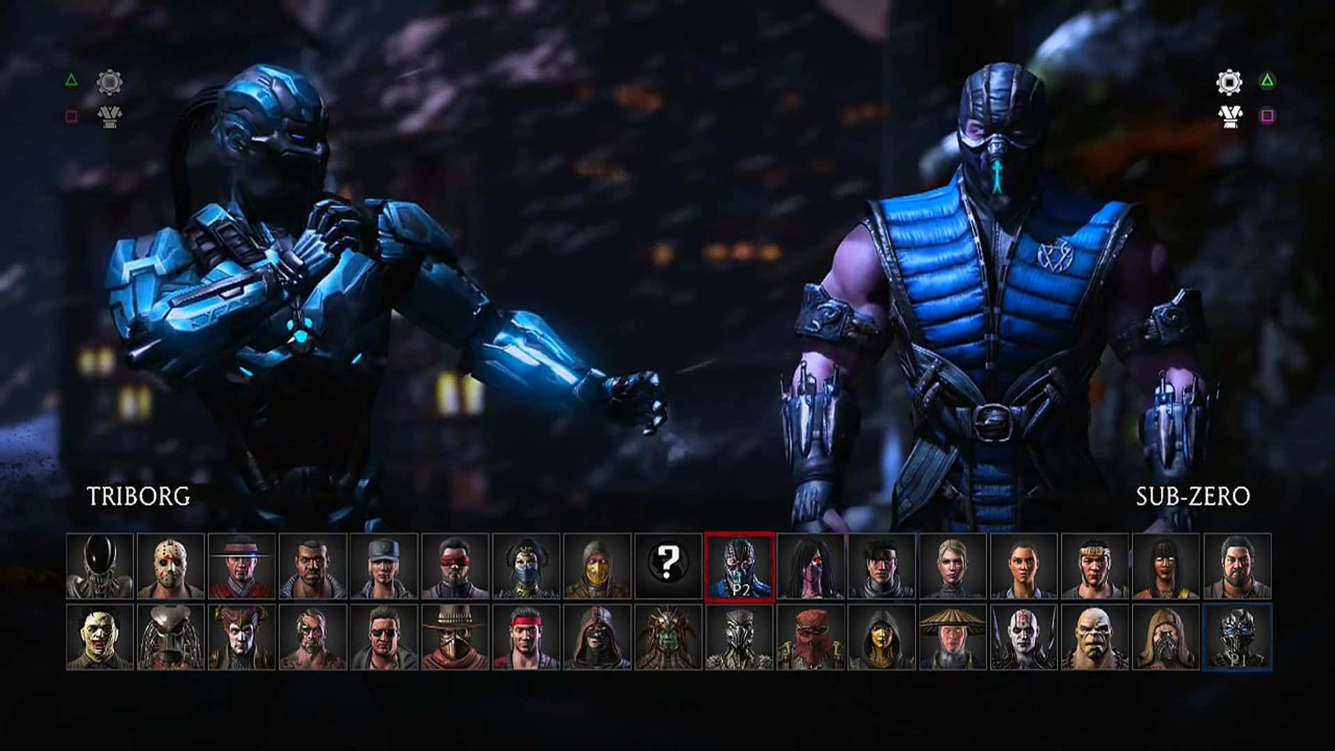Mortal Kombat Triborg, dark cityscape, glowing blue accents, Full HD Desktop Wallpaper