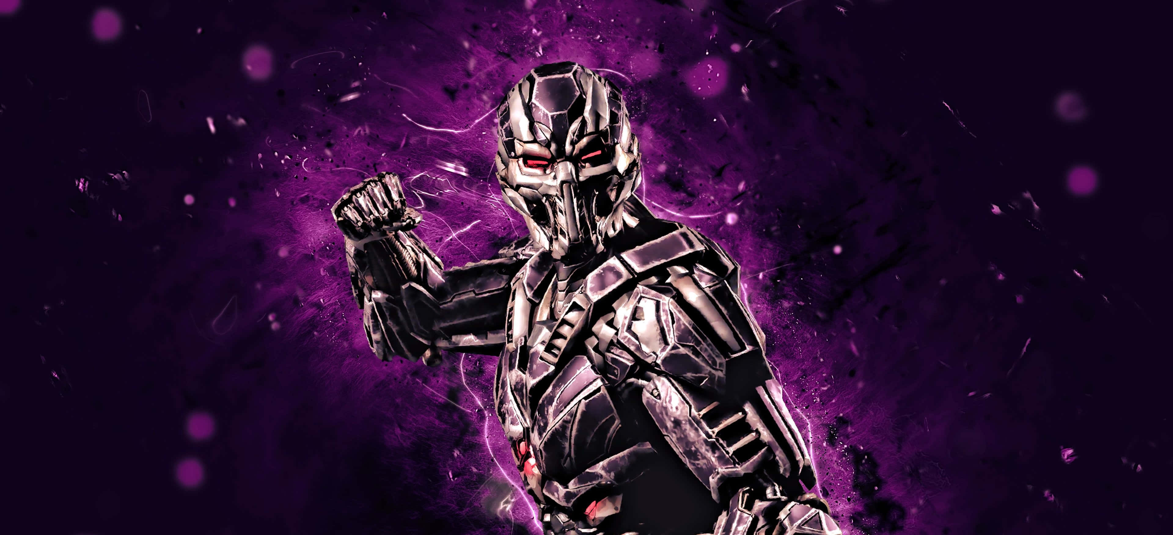 Mortal Kombat Triborg, glowing red eyes, vibrant purple cosmic background, 2K Desktop Wallpaper