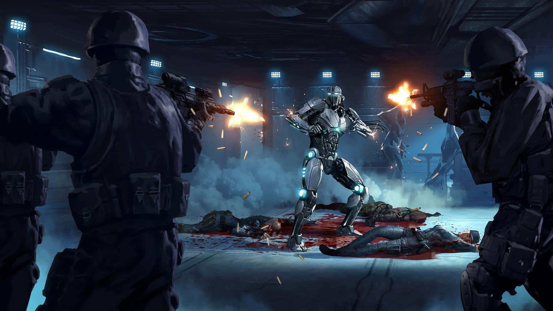 Mortal Kombat Triborg, futuristic cybernetic warrior, smoky combat zone, Full HD Desktop Wallpaper