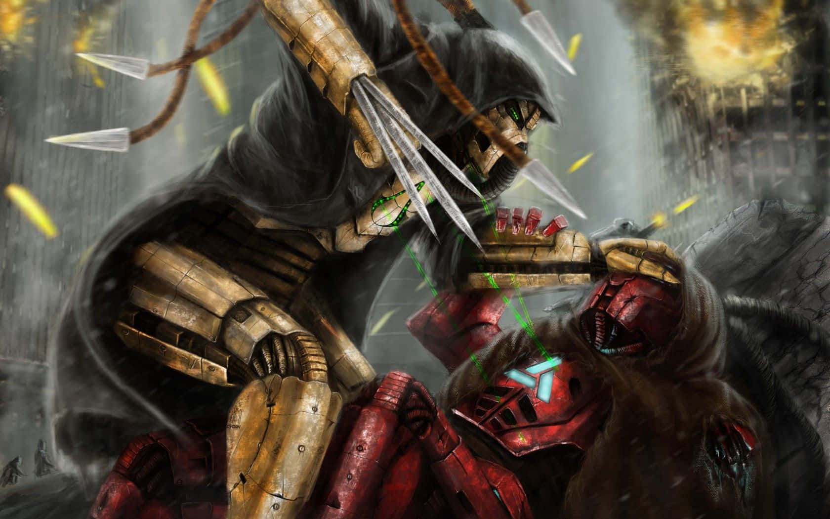 Mortal Kombat Triborg, golden armor, red armored foe, HD Desktop Wallpaper