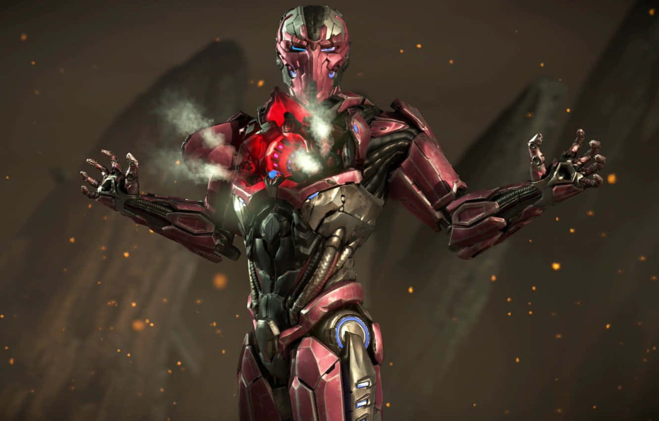 Mortal Kombat Triborg, red and black armored robot, glowing blue eyes, HD Desktop Wallpaper