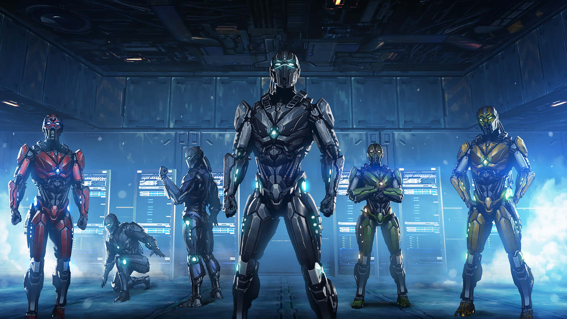 Mortal Kombat Triborg, Six armored robotic warriors, high-tech command center, Full HD Desktop Wallpaper