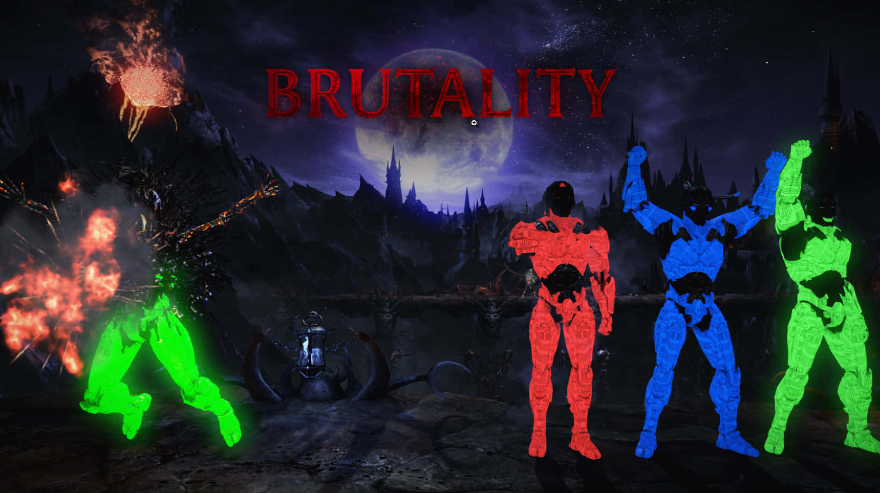 Mortal Kombat Triborg, glowing red blue and green armored figures, full moon, HD Desktop Wallpaper