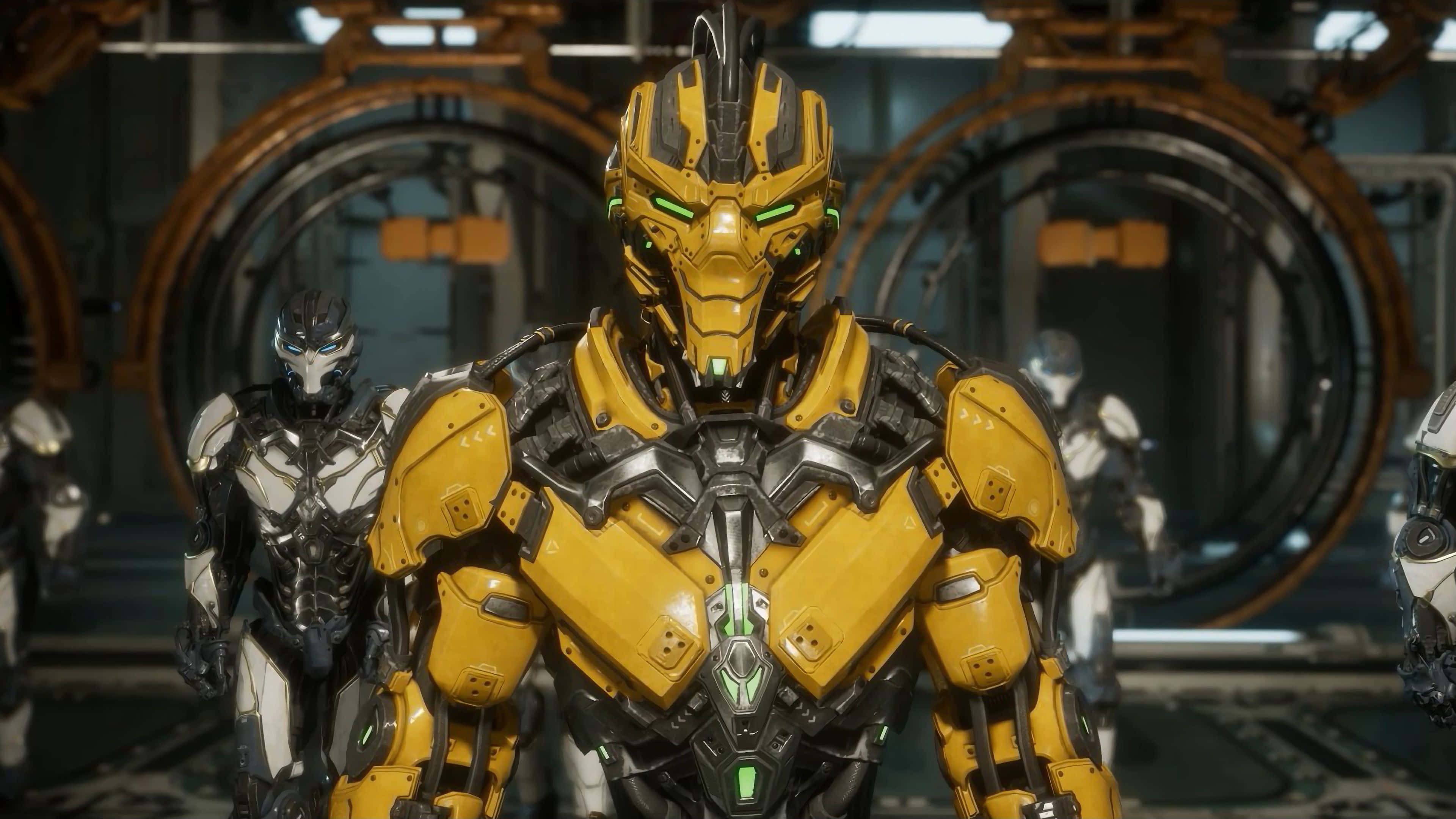 Mortal Kombat Triborg, yellow and black armored robot, glowing green eyes, 4K Desktop Wallpaper