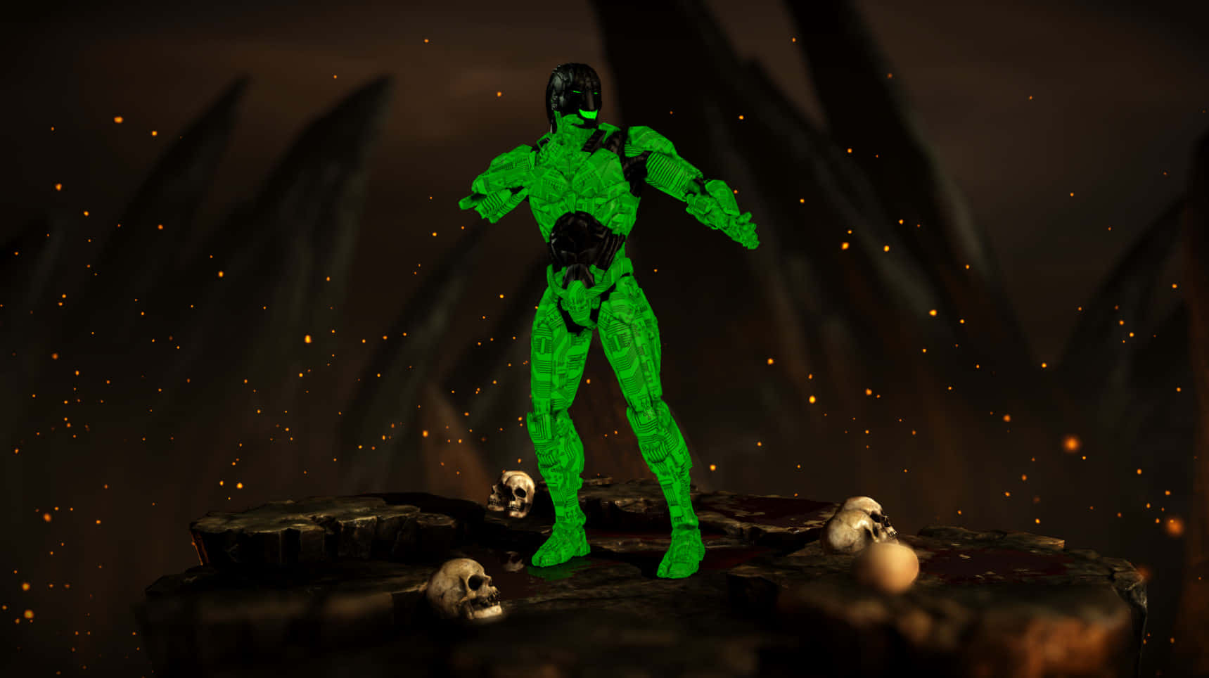Mortal Kombat Triborg, glowing green armored figure, rocky outcrop, HD Desktop Wallpaper