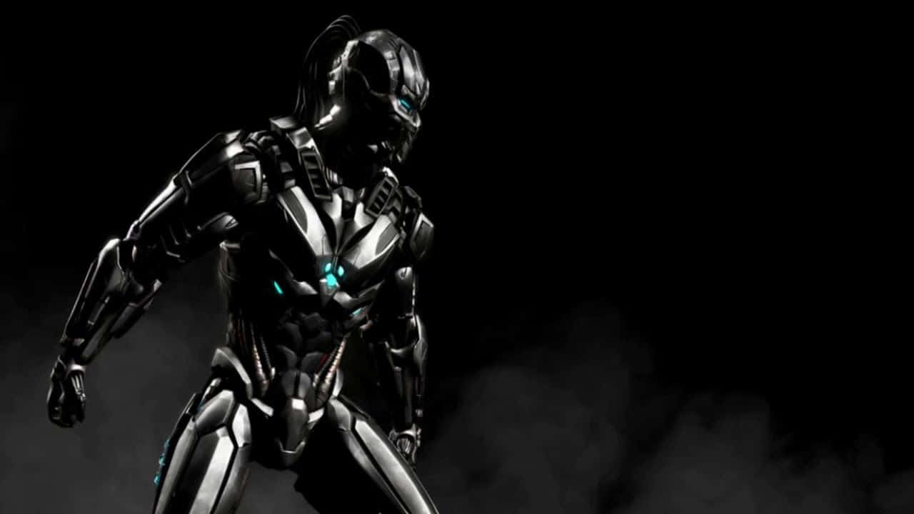 Mortal Kombat Triborg, sleek black armored warrior, glowing blue eyes, HD Desktop Wallpaper