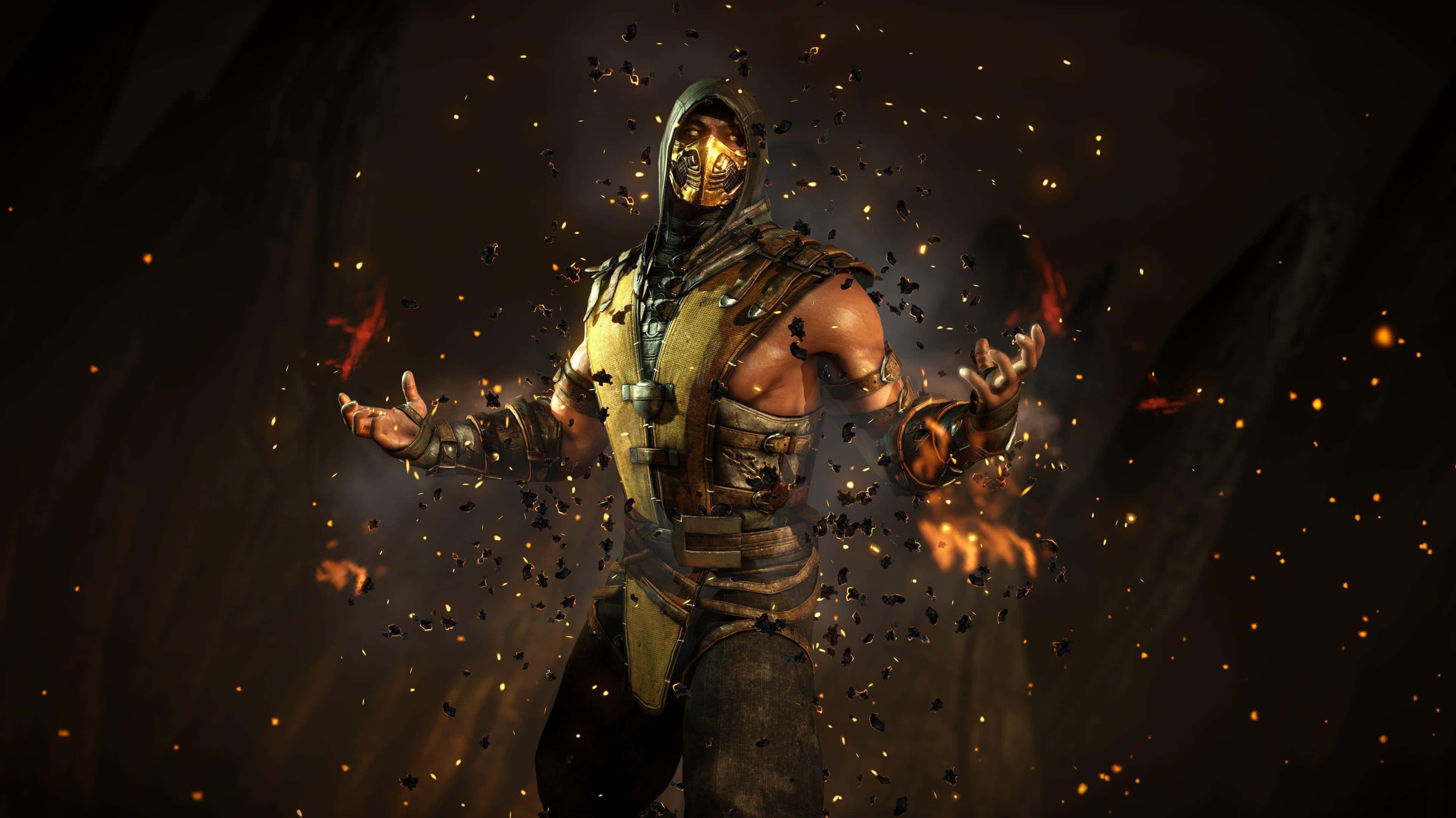 Mortal Kombat X, golden armor, flying embers, 4K Desktop Wallpaper