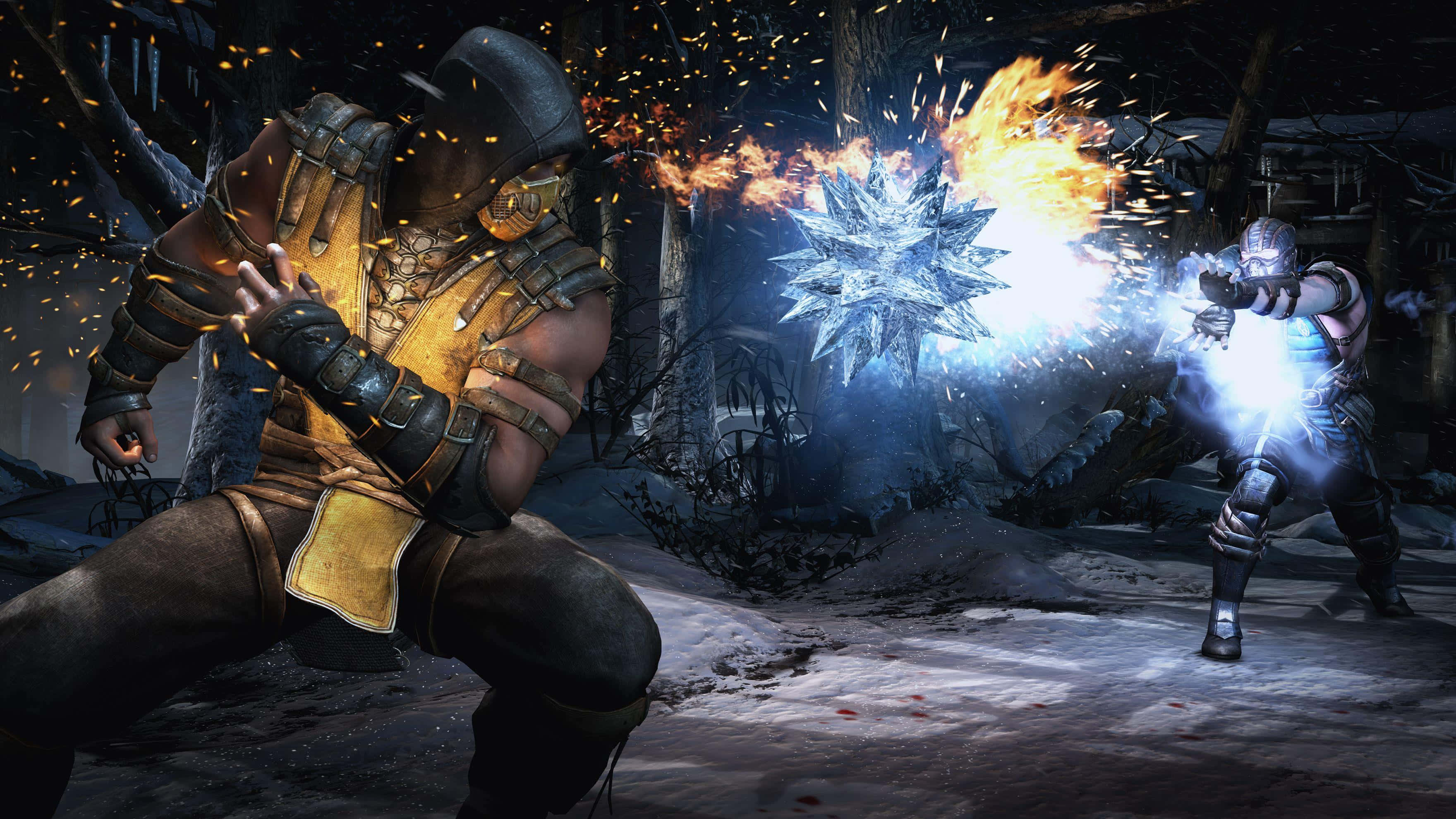 Mortal Kombat X, snowy forest, fiery energy blasts, 2K Desktop Wallpaper