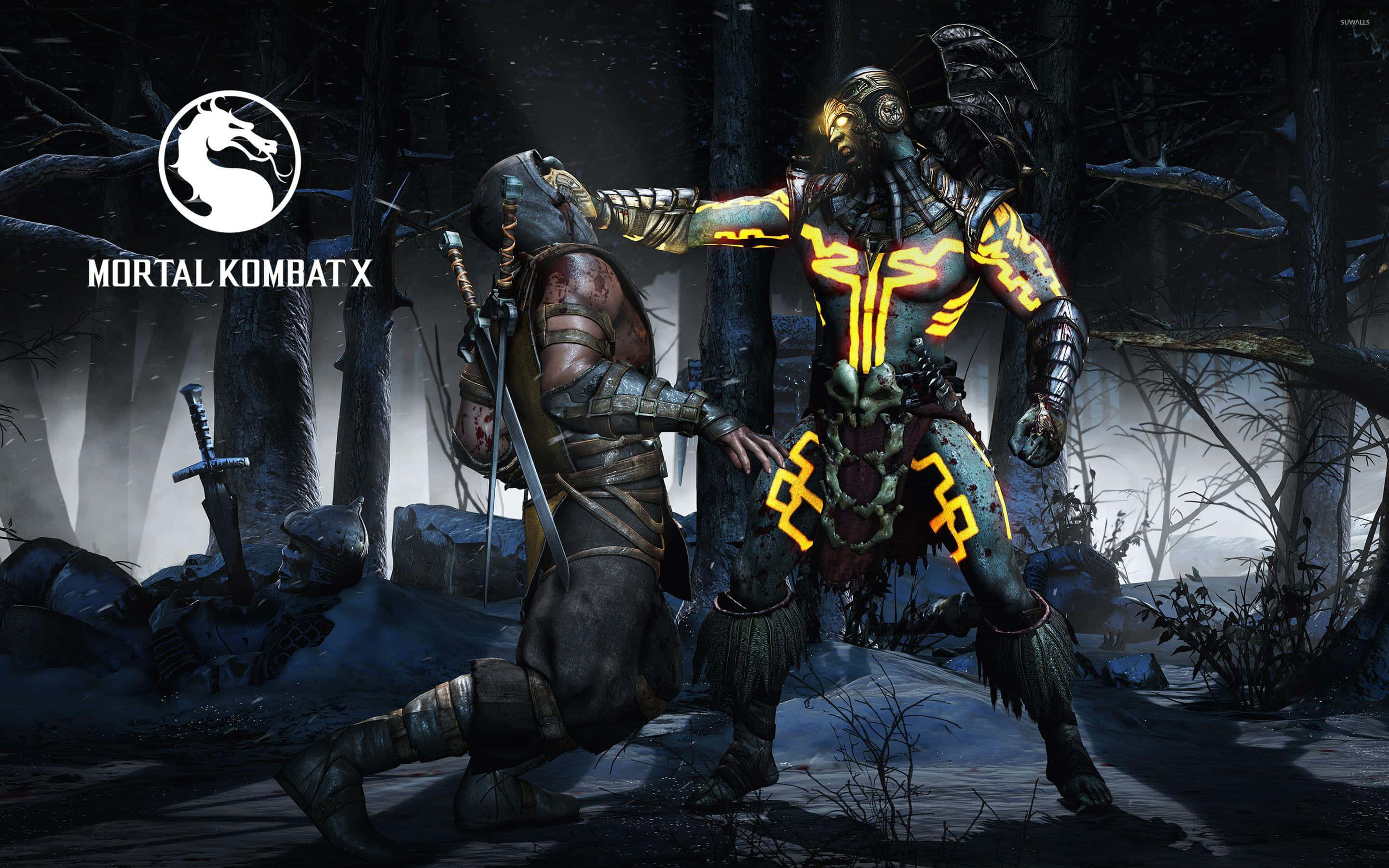 Mortal Kombat X, armored fighters, dark snowy forest, 2K Desktop Wallpaper
