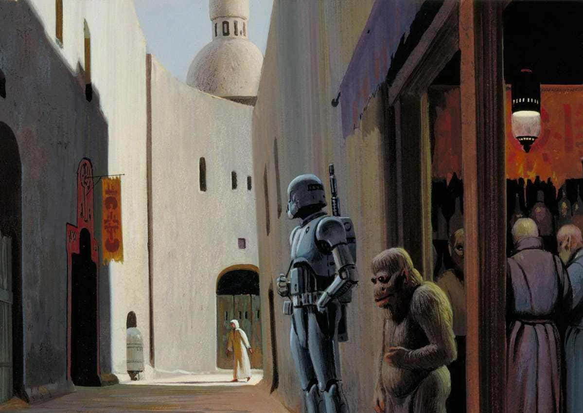Mos Eisley, silver-armored bounty hunter, sunlit desert alleyway, SD Desktop Wallpaper