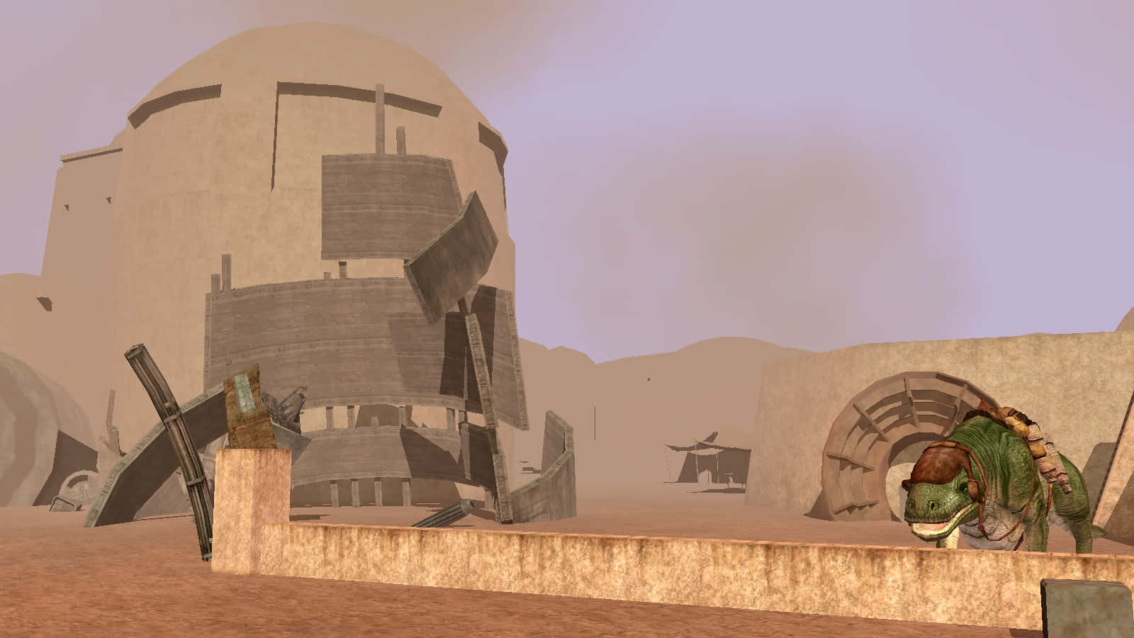 Mos Eisley, green reptilian creature, dusty desert ruin, HD Desktop Wallpaper