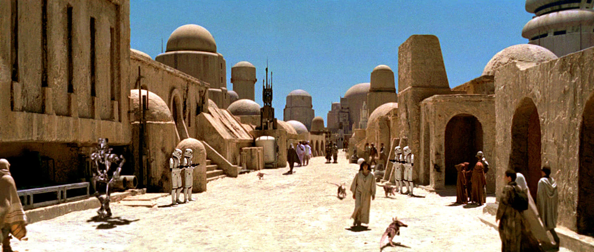 Mos Eisley, desert city street, sandstone buildings, Full HD Desktop Wallpaper