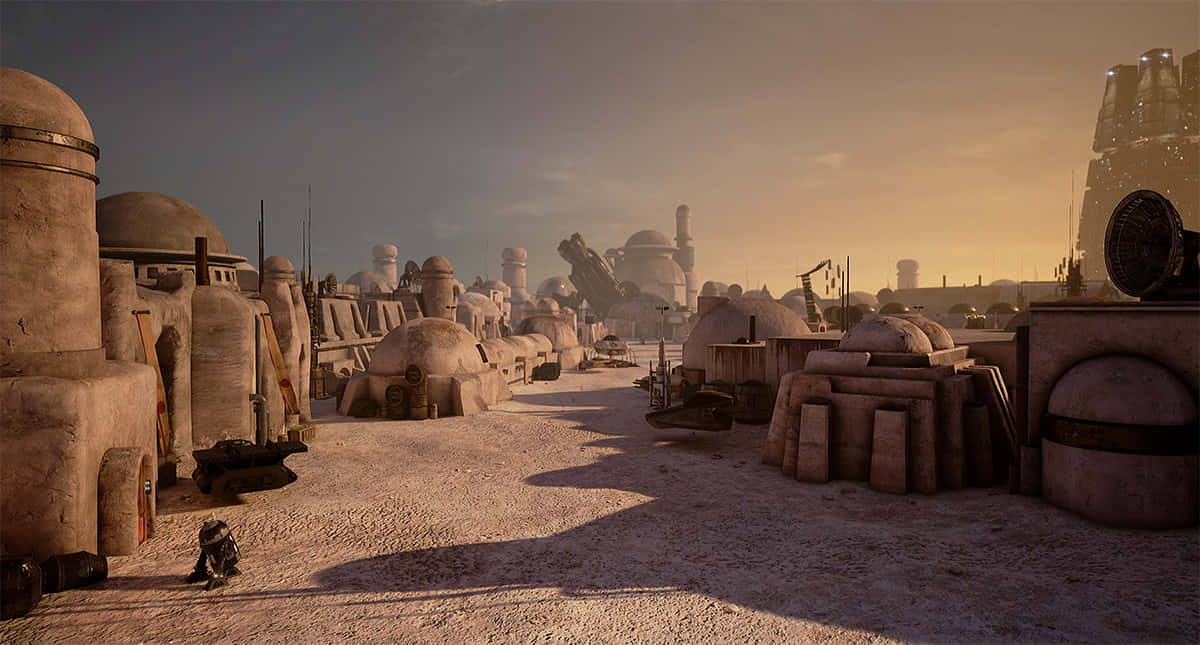 Mos Eisley, dome-shaped buildings, warm sunset sky, SD Desktop Wallpaper